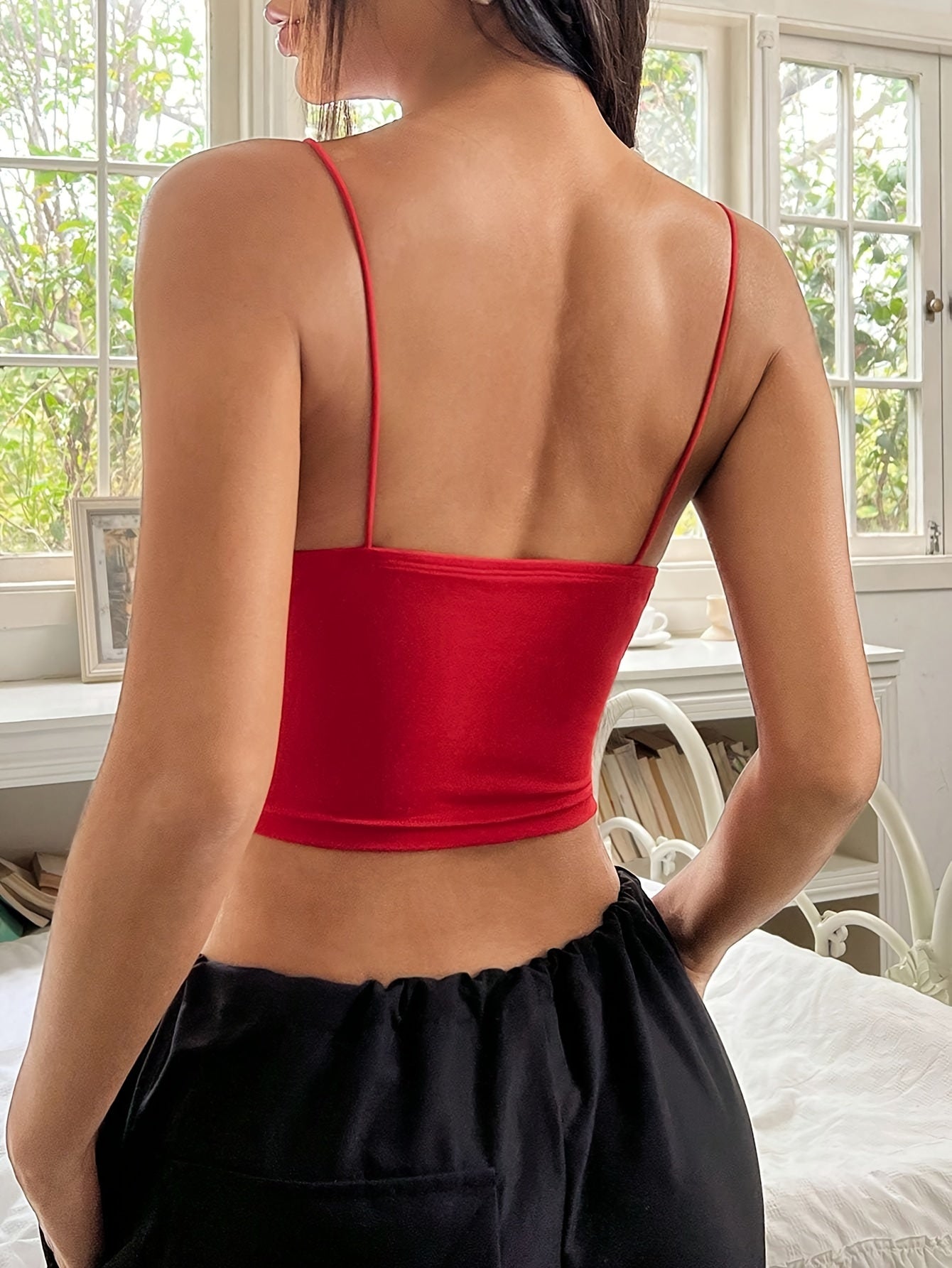 Knit Charm, Sexy Solid Color Cut-Out Crop Top - Stretchy Polyester & Elastane Blend, Machine Washable, Sleeveless with Spaghetti Straps for Women
