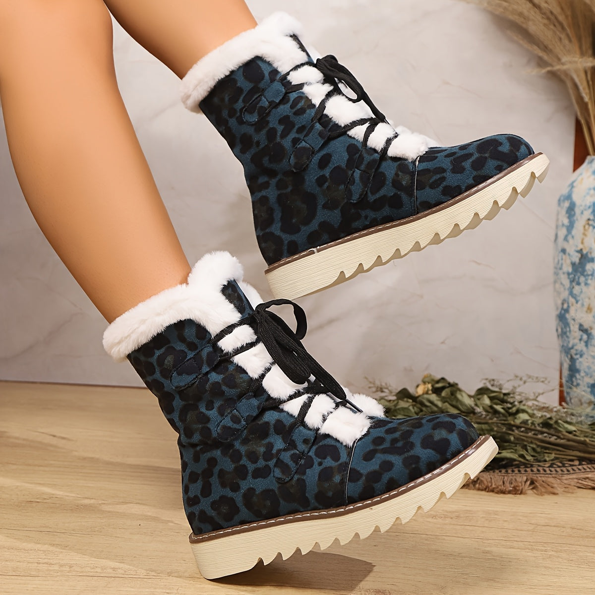 Women's Leopard Print Winter Boots with Flat Sole & Lace-Up Closure - Blue Round Toe Fabric Upper, Rubber Traction Outsole for Cold Weather Comfort, African-Inspired Fashion Footwear, Cold Weather Gear, Comfortable Boots, War