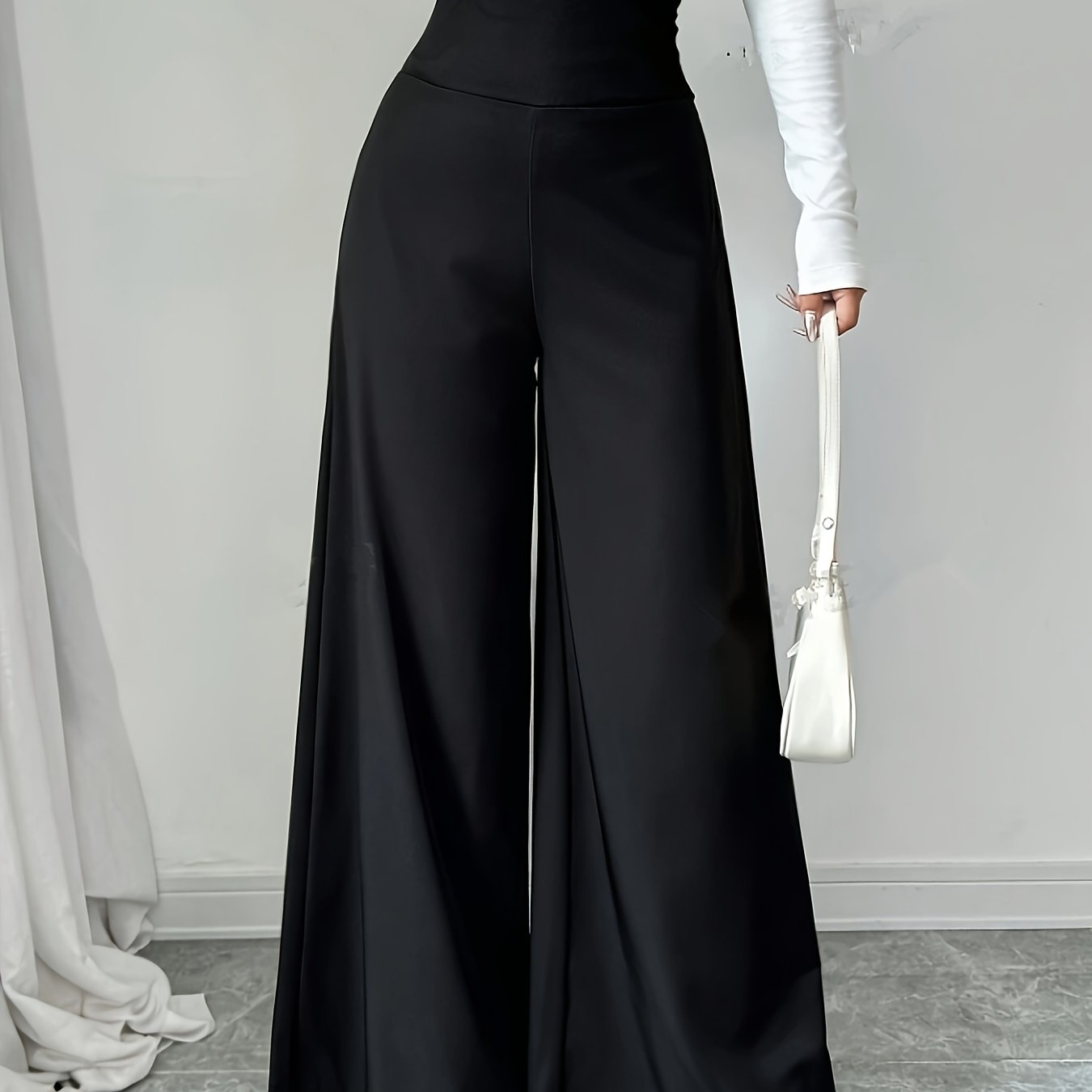 1pc Elegant High-Waisted Black Wide Leg Pants for Women, Solid Color Polyester, Regular Fit with Zipper Fly, All-Season Long Length Trousers with Zipper Detail
