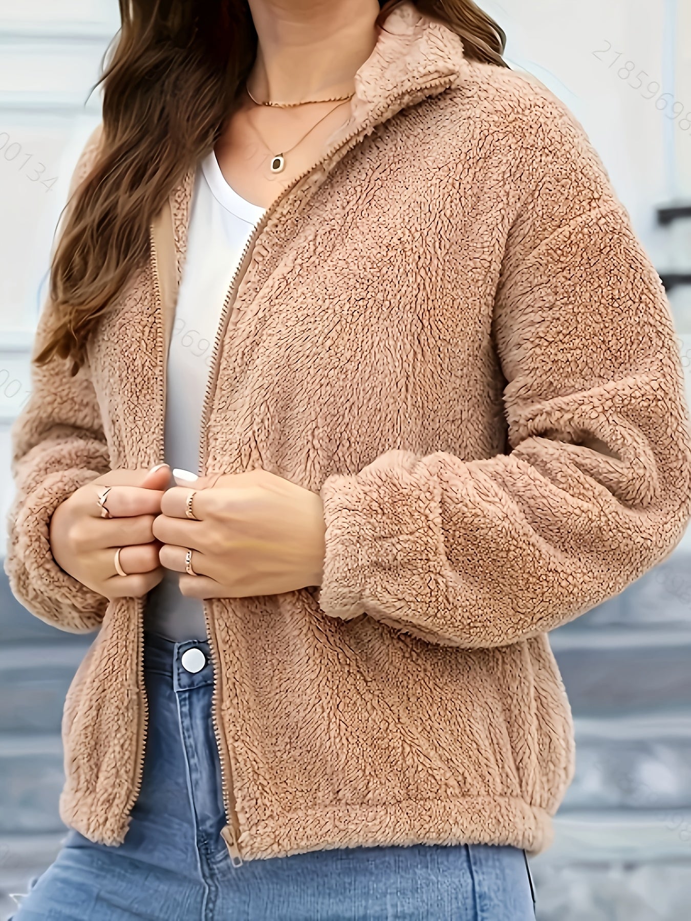 Women'S Cozy Fleece Jacket with Hood - Casual High Neck Zippered Long Sleeve Polyester Knit Fabric Sweater for Fall/Winter