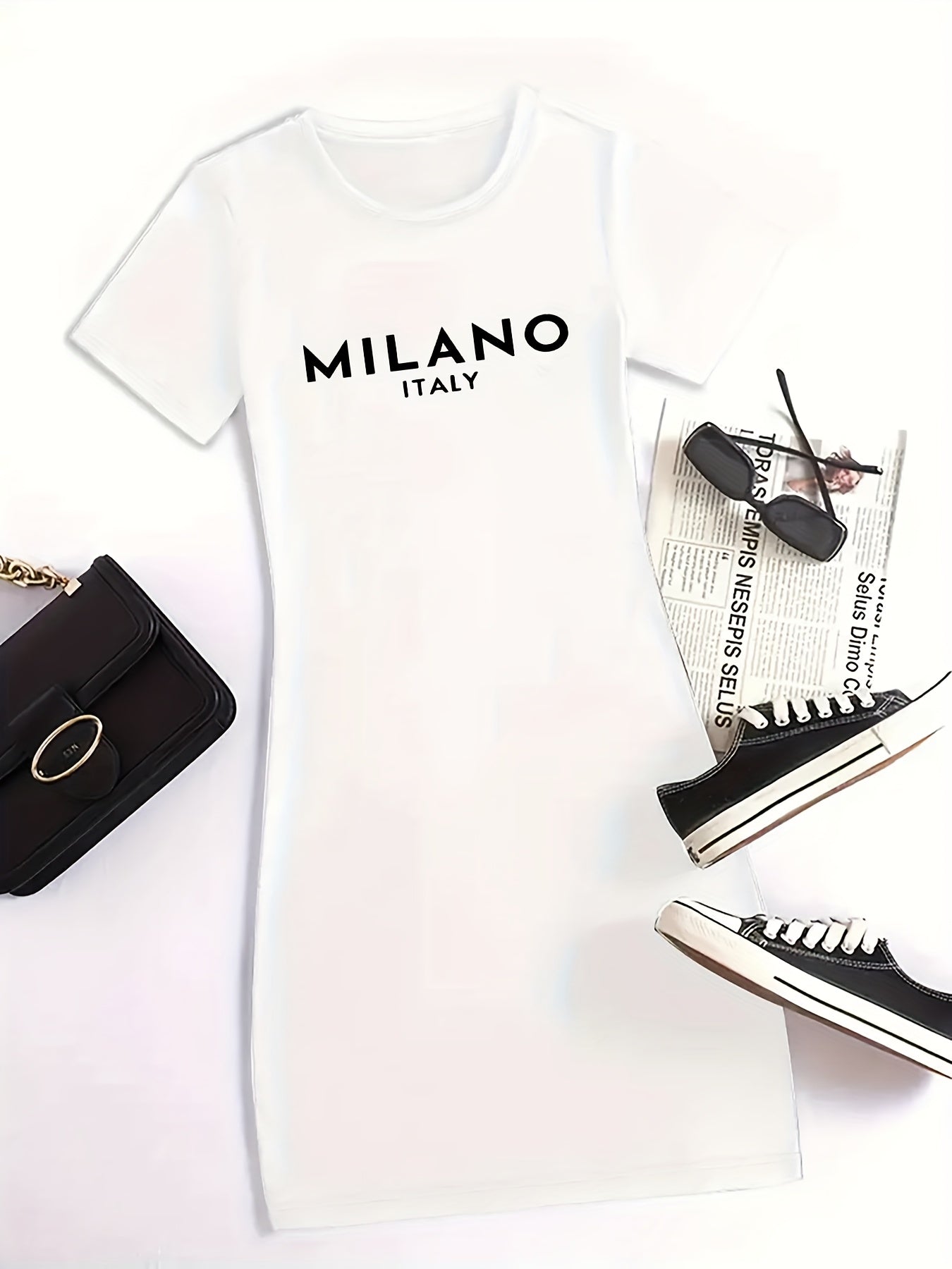 Women'S Milano Italy Print Bodycon Dress, Polyester 92% Elastane 8% Knit Fabric, High Stretch Geometric-Pattern, Short Sleeve Round Neck, Plus Size, Sports Style for Spring/Summer/Fall - 180g/m²