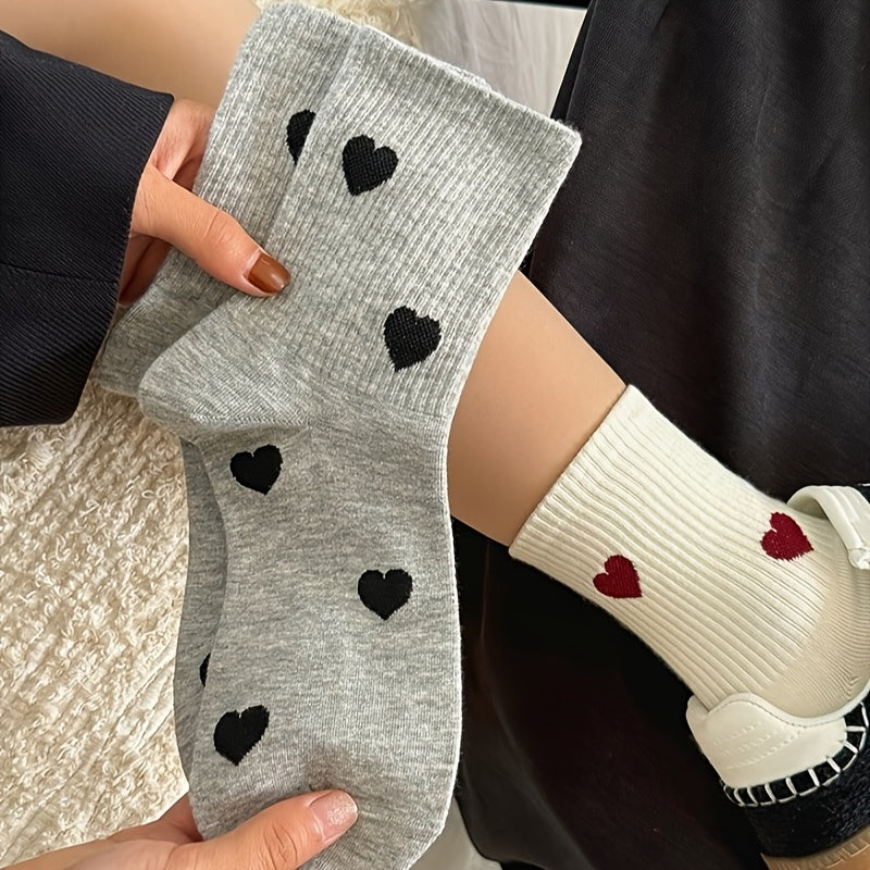 5 Pairs Cozy Women'S Knee-High Socks with Heart Pattern - Polyester and Spandex Blend, Knit Fabric, Machine Washable