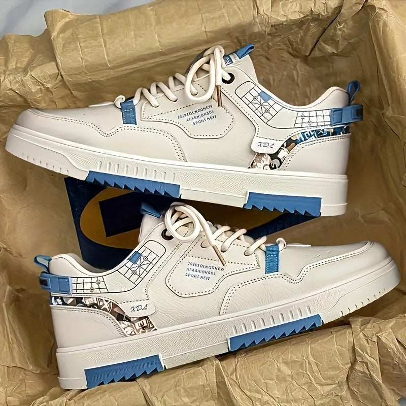 Men's Skate Shoes with Good Grip Breathable Design - PU Upper, Cushioned PVC Sole, Black/Blue Letter Pattern Lace-Up Sneakers for All-Season Casual Sports Wear, Allseason Shoes Modern Casual Shoes Comfortable Wear