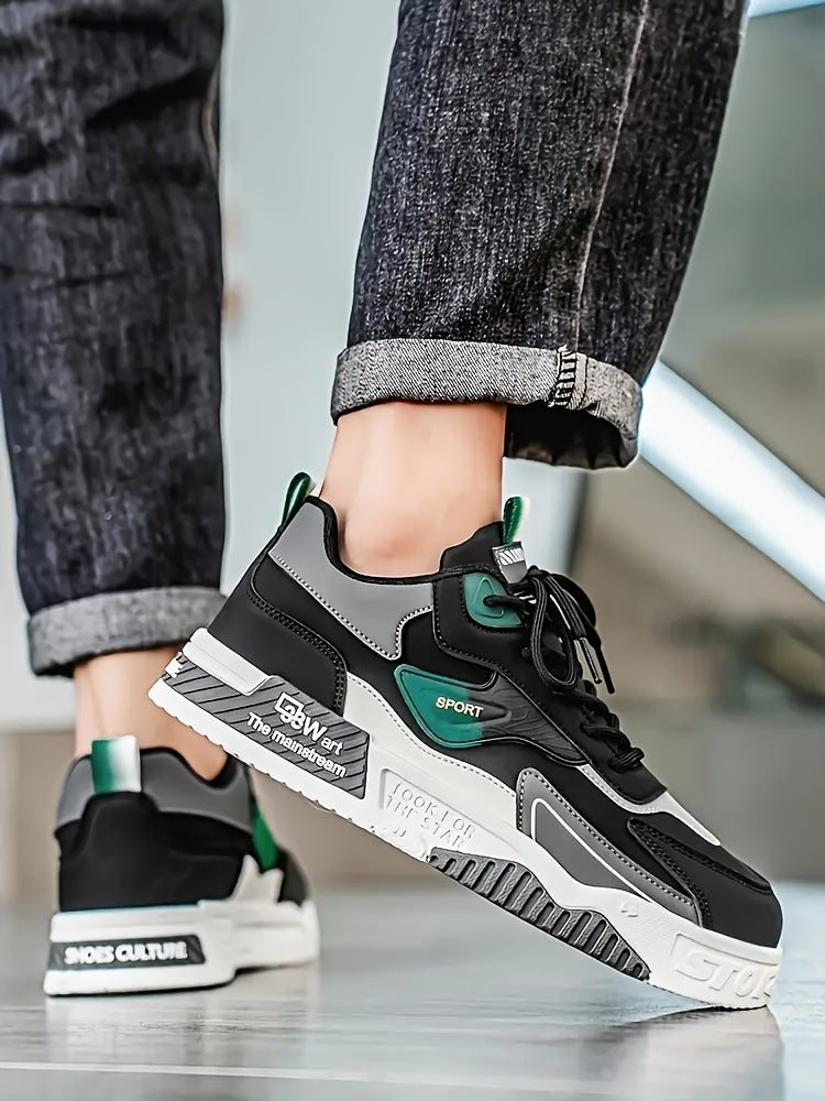 Men's Low-Top Skate Sneakers - Black with Teal Accents, PU Upper PVC Sole, Slip-Resistant Comfortable Lace-Up Shoes for Urban Streetwear, Outdoor Sports, All-Season Casual Wear, Skate Shoes, Modern Street Style, Durable Fab