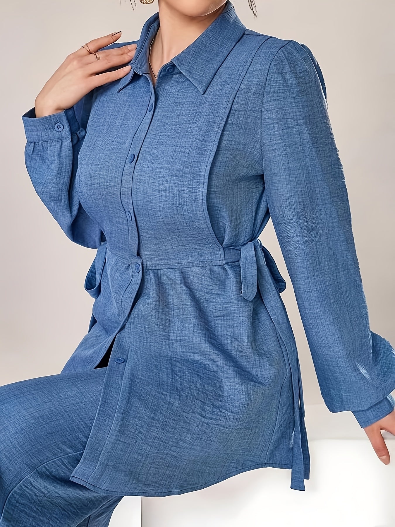 Women's Two-Piece Set with Front Buckle Long Sleeve Casual Top and Trousers