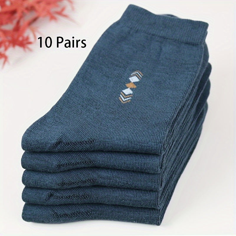 10/15 Pairs Men's Elite Business Socks, Simple Daily Durable Mid-Calf Socks, Polyester Blend with Spandex, Machine Washable, Geometric Pattern, Knit Fabric