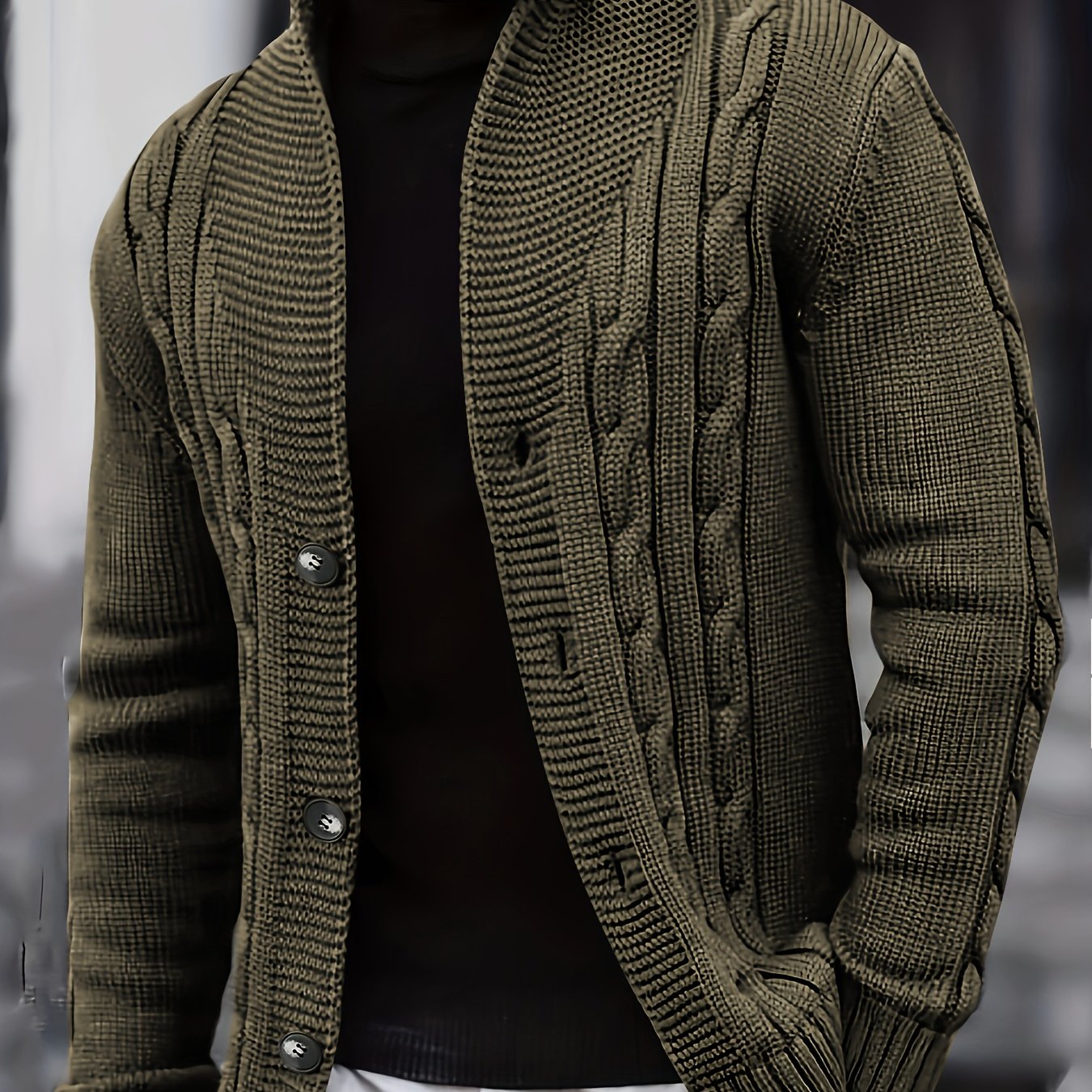 Men's Casual Knit Cardigan | Olive Green Acrylic Sweater | V-Neck with Button Closure | Textured Cable Knit Design | Machine Washable | Ideal for Autumn/Winter, Knit Sweater