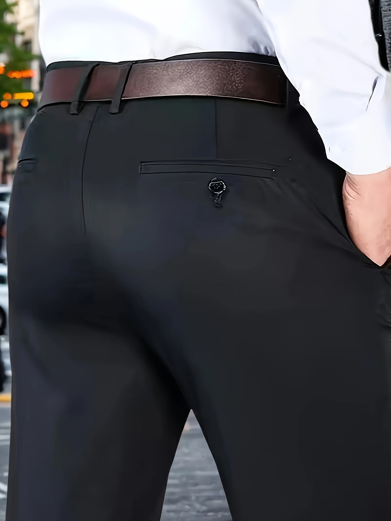 Men's Sleek Stretch Dress Pants - Solid Color Black, Comfort Fit with Subtle Stretch, Polyester Fabric, Mid-Rise, Machine Washable, Perfect for Business Casual & All-Season Wear, Business Casual Pants | Sleek Trousers | Easyc