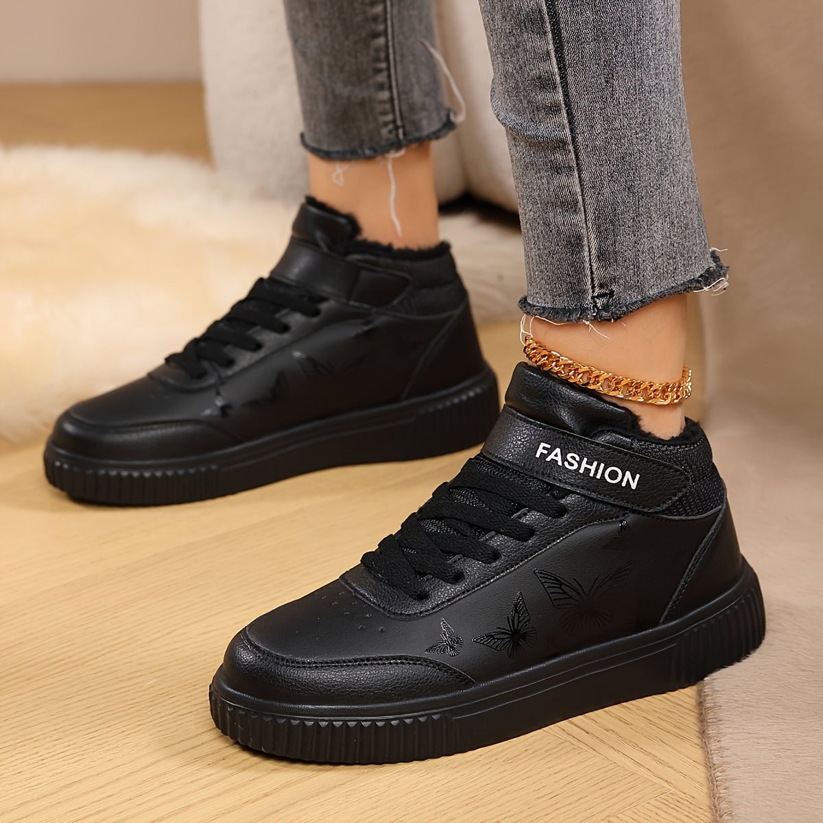 Women'S Butterfly Print Warm Sneakers - Lightweight, Comfortable, Thick-Soled Lace-Up Running Shoes for Work, School, and Stylish Outfits, Perfect for Students, Winter Footwear | Stylish Sneakers | EVA Sole Sneakers