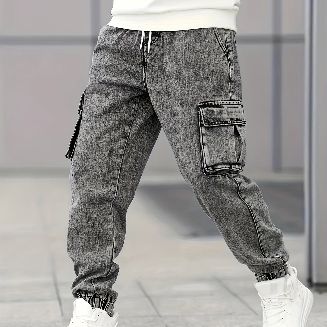 Men's Slim Fit Cargo Jeans - Stylish Gray Denim with Multiple Pockets, Durable Cotton/Polyester Blend, All-Season Wear