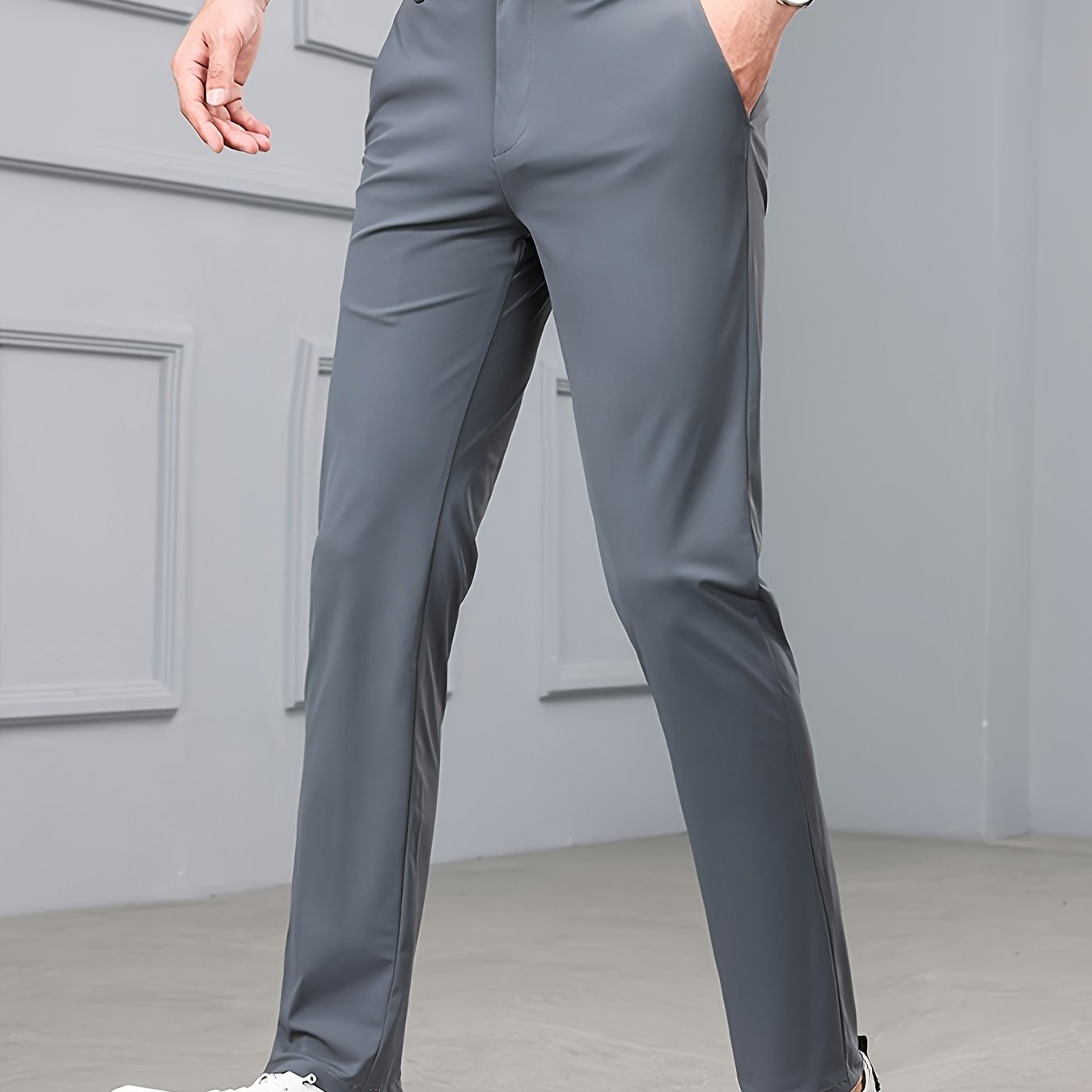 Men's Slim-Fit Stretch Casual Pants with Multiple Pockets - Waterproof, UV Protection, Light Gray, Straight Leg, Nylon Blend for Spring/Fall, Button Closure, Comfortable & Stylish Design, Everyday Comfort Pants | Modern Casua