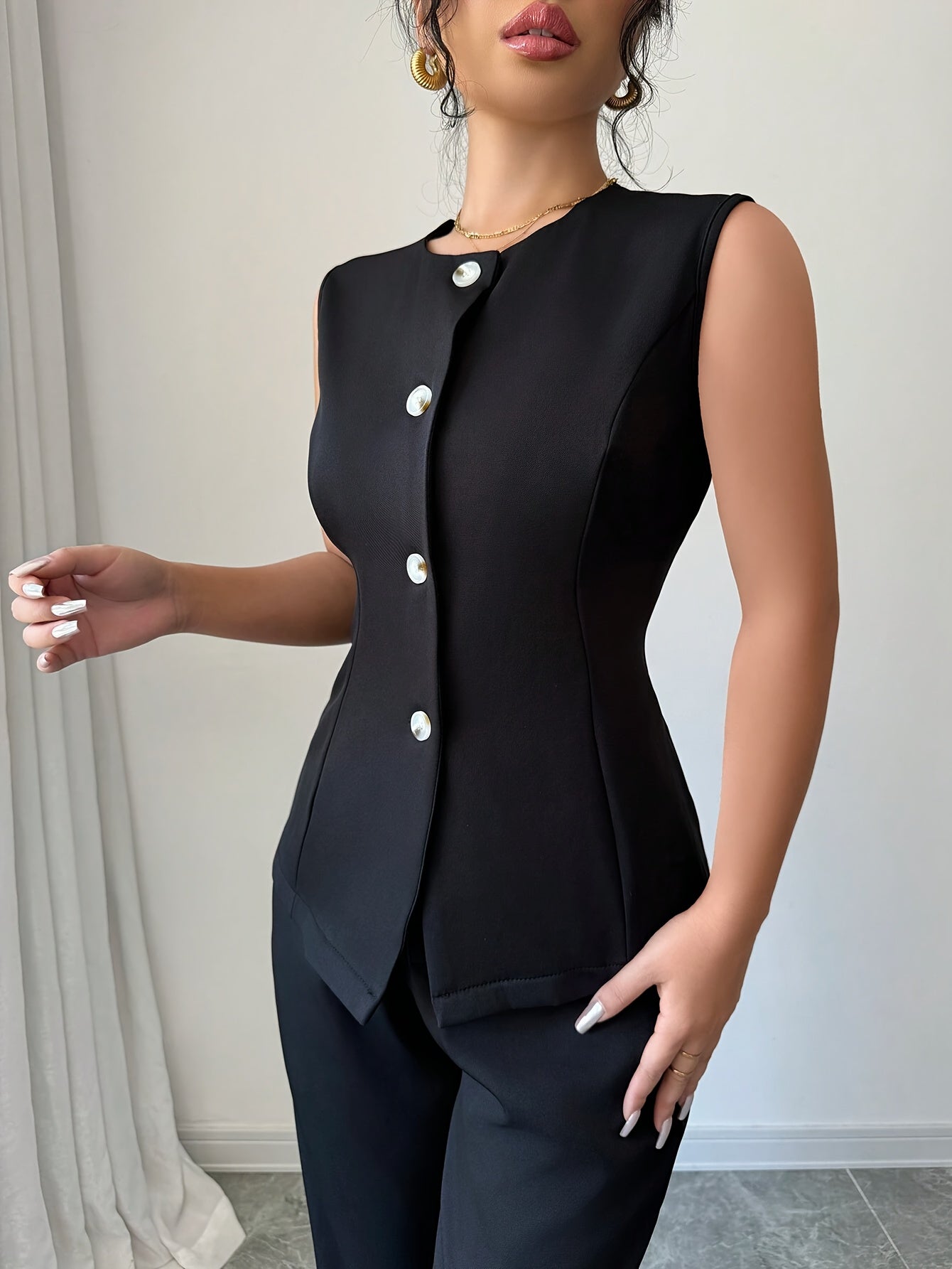 Elegant Crew Neck Pantsuit, Solid Color Sleeveless Suit, Polyester Blend Woven Fabric, Chic Office Wear for Women, for Spring/Fall