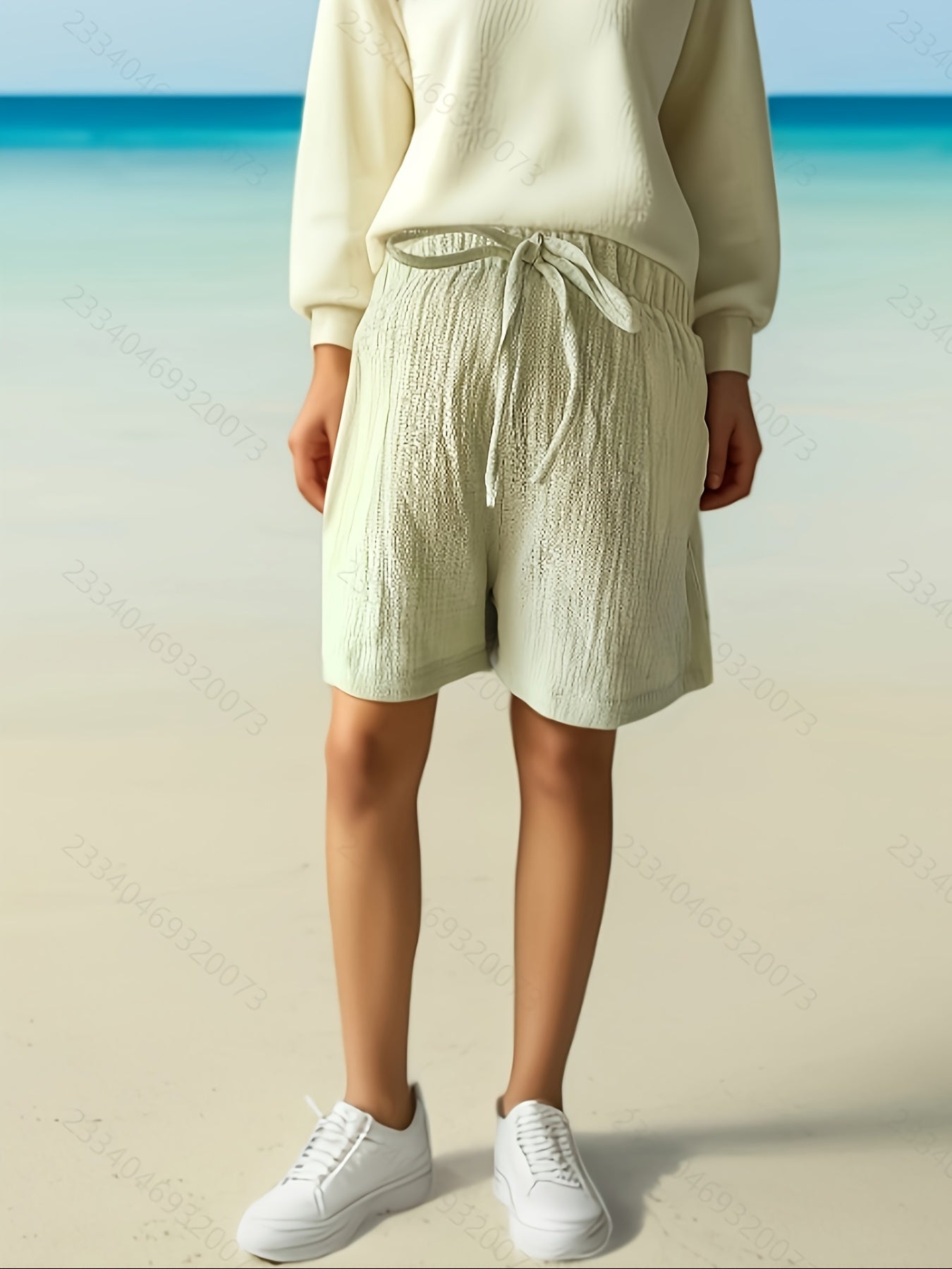 Women's Light Green Double-Layer Crinkle Shorts with Faux Drawstring - Casual, Versatile, and Elegant Design for Spring/Summer/Fall