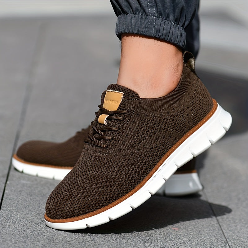 Men's Breathable Knit Business Casual Shoes - Beige with Brown Accents, Lace-Up, EVA Sole, Round Toe, Versatile for All Seasons, Dressy Shoes