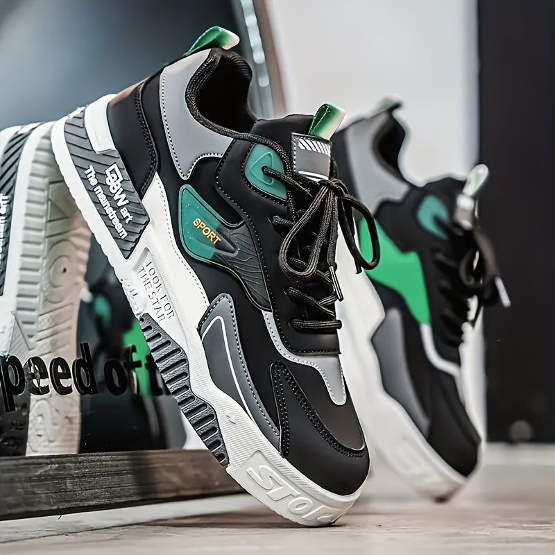Men's Low-Top Skate Sneakers - Black with Teal Accents, PU Upper PVC Sole, Slip-Resistant Comfortable Lace-Up Shoes for Urban Streetwear, Outdoor Sports, All-Season Casual Wear, Skate Shoes, Modern Street Style, Durable Fab