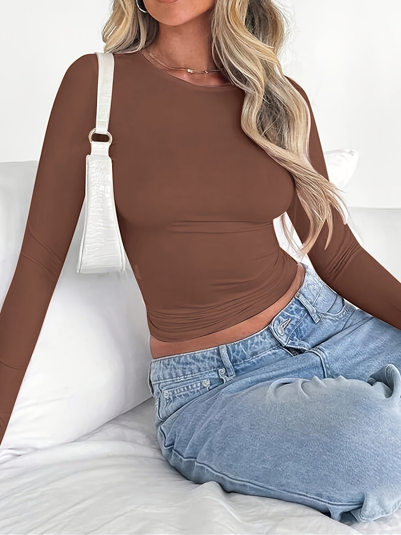 Women's Y2K Style Solid Color Crew Neck Long Sleeve T-Shirt, Polyester Knit Fabric, Skinny Fit, Short Length Pullover for Spring/Fall, Ladies T Shirts