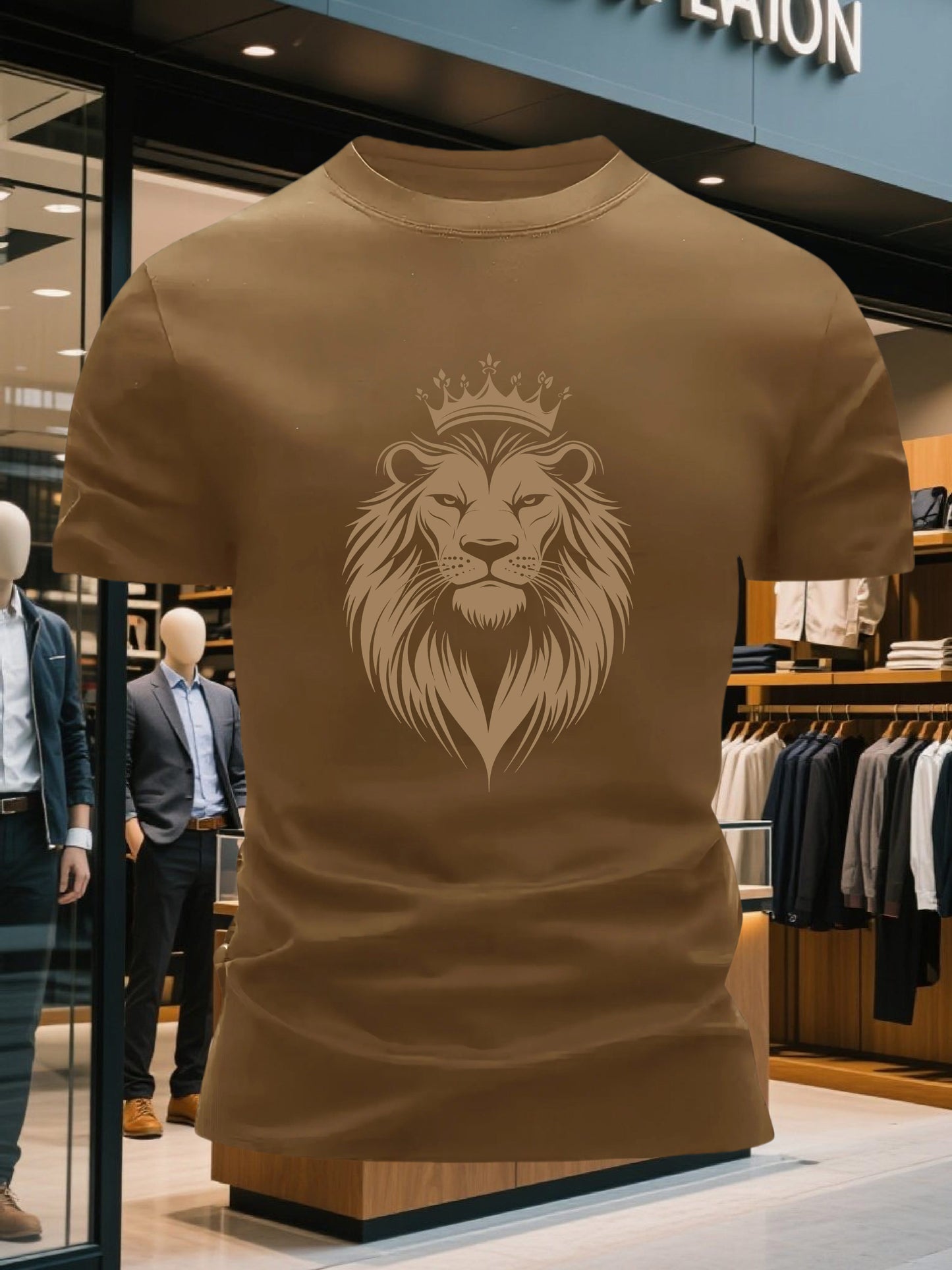 Men's 100% Cotton Crew Neck Short Sleeve T-Shirt with Regal Lion Crown Graphic Print - Navy Blue Casual Comfort Fit, Machine Washable All-Season Versatile Top, Cotton T Shirts, Leisure Clothing, Creative Print Shirt, Soft Tex