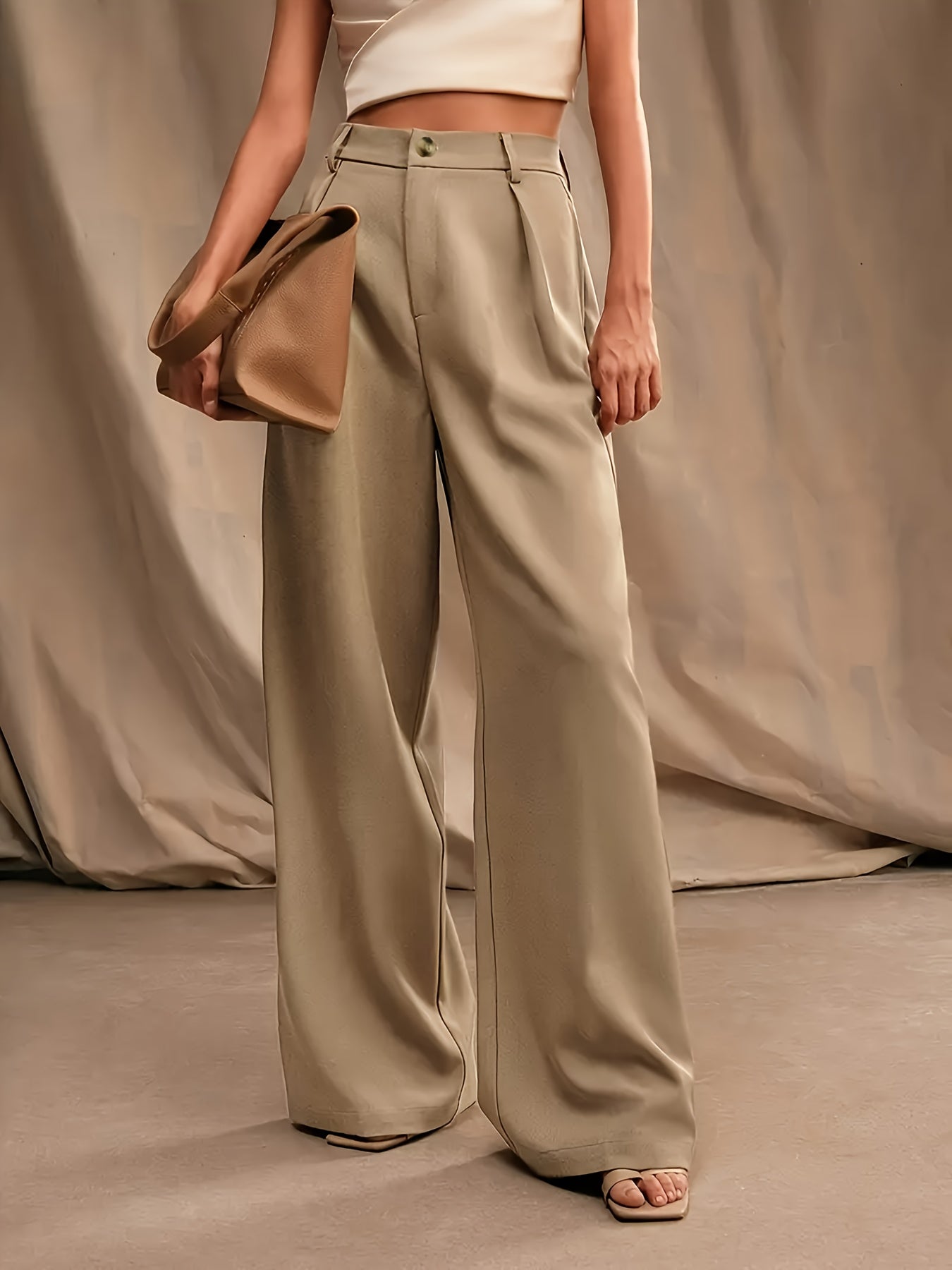 Women's Plus Size Elegant Straight-Leg Pants - High-Rise Beige Polyester Blend with Button Details, Non-Stretch & Smooth Fabric for Spring/Summer, Spring Summer Wear | Buttondown Front | Tailored Fit, Cute Pants