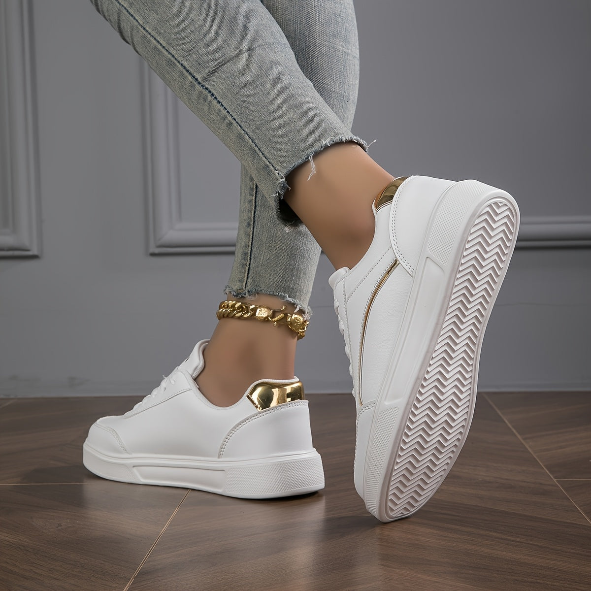 Women'S Fashion Sneakers - Casual Lace-Up Platform Shoes with Golden Accents, Lightweight and Versatile, All-Season Comfort, White with Sequin Details, Casual Footwear | Platform Sneakers | Microfiber Upper
