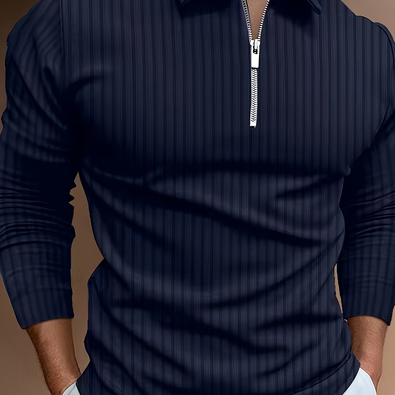 Men's Casual Sports Ribbed Long Sleeve Zipper Lapel Golf Shirt, Spring And Fall