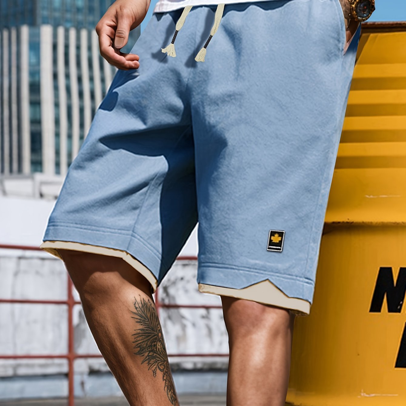 Men's Solid Shorts With Pockets, Casual Elastic Waist Fake Two-piece Drawstring Shorts For Summer