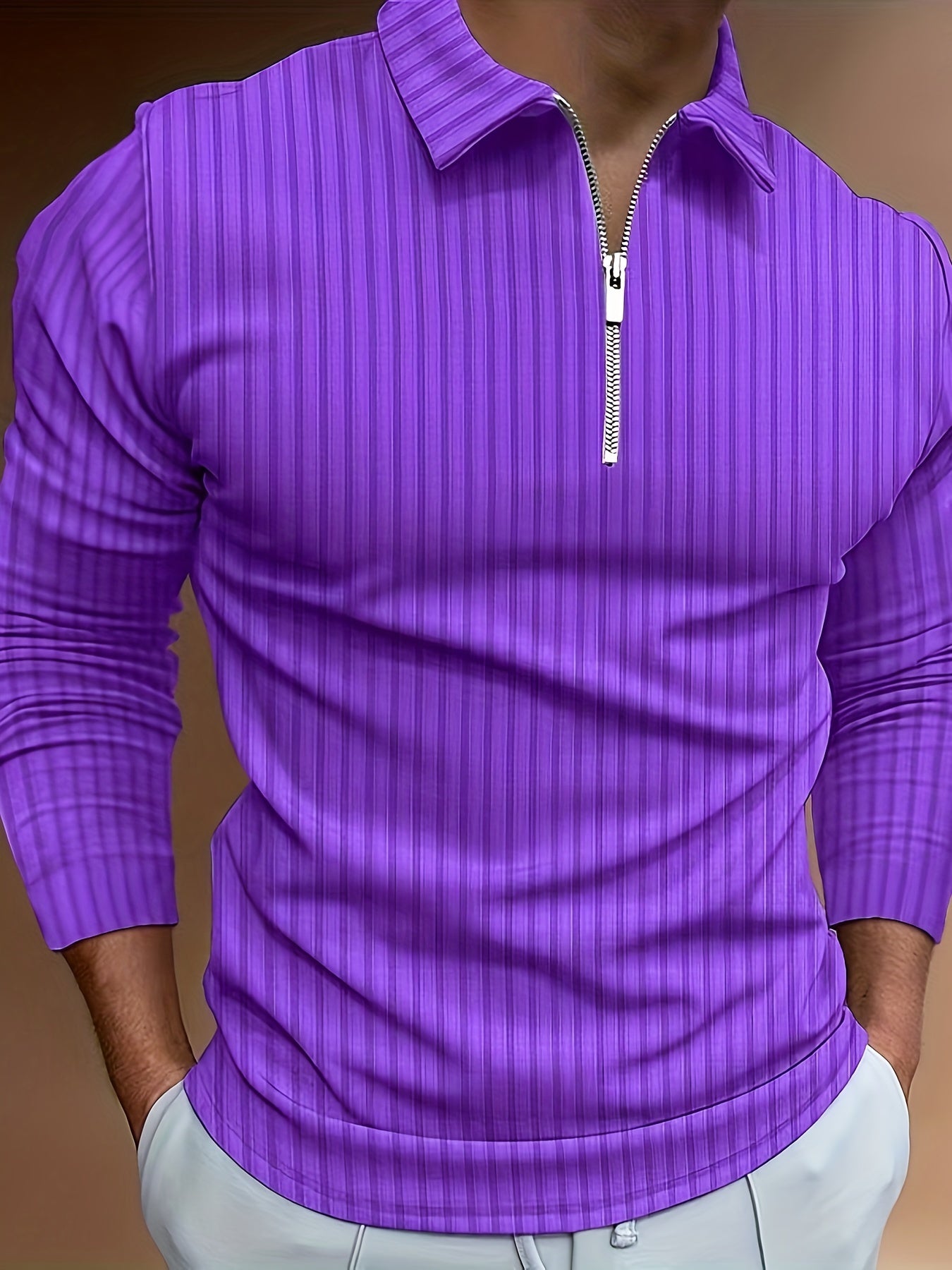 Men's Casual Sports Ribbed Long Sleeve Zipper Lapel Golf Shirt, Spring And Fall