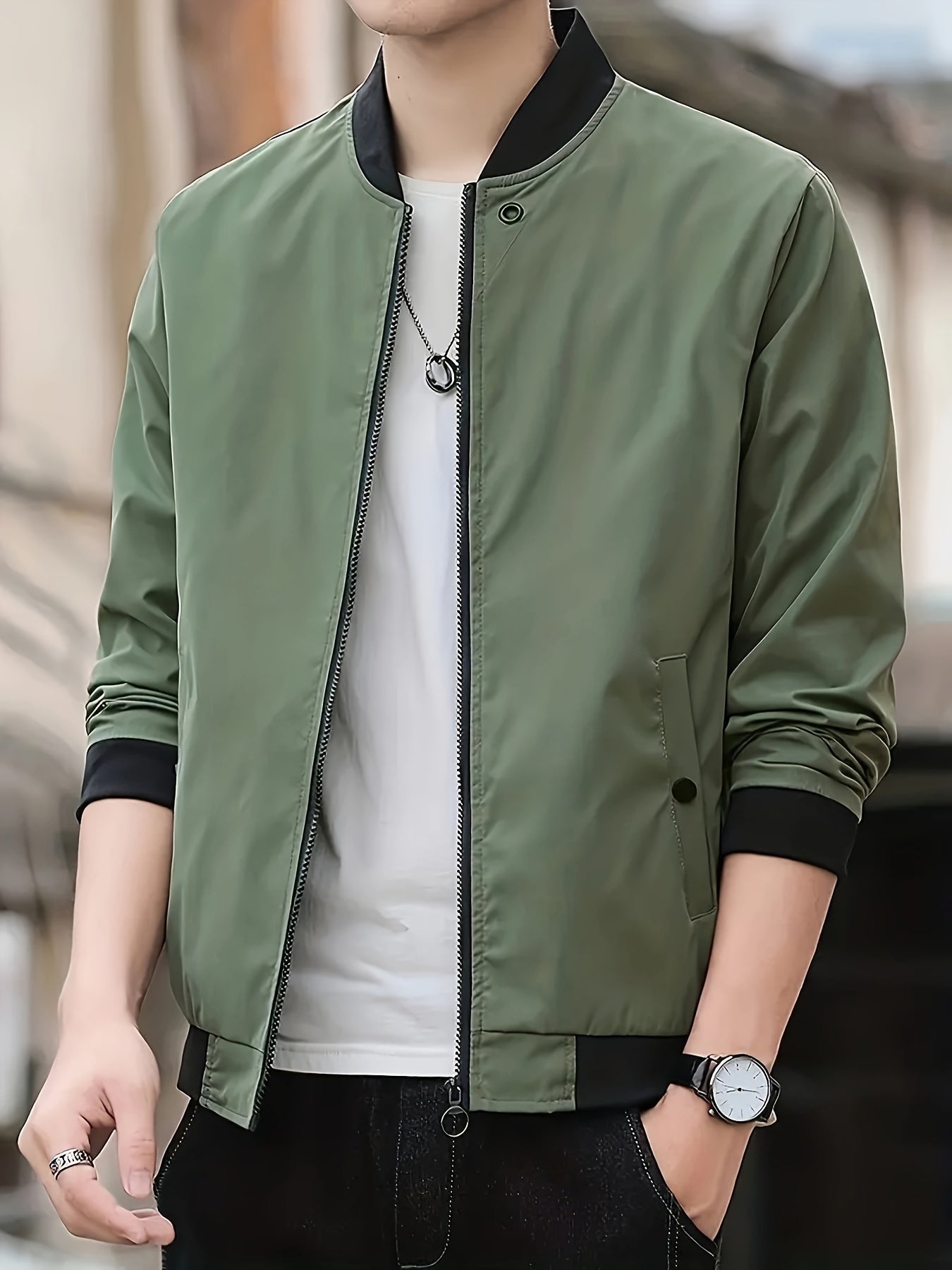 1pc Men'S Casual Stand Collar Bomber Jacket, Solid Color Long Sleeve Non-Stretch Woven Acetate with Pockets, Polyester Lined Zip-Up Lightweight Outerwear for Spring/Fall