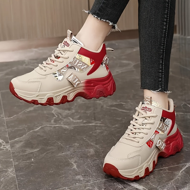 Women's Chunky Platform Sneakers - High-Top Lace-Up Shoes with Cushioned PVC Sole, Beige/White/, Synthetic Cover Upper - All-Season Outdoor, Casual, Office Shoes for Everyday Formal Outfits - Lightweight Thick Platform Foot