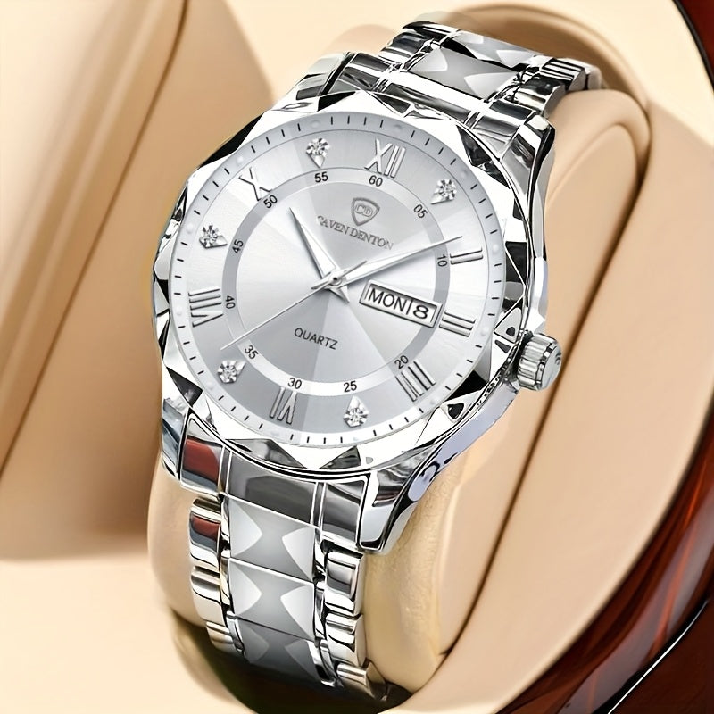 Men'S Quartz Business Watch with Rhinestone-Embellished Luminous Dial, Stainless Steel Strap & Case, Date & Day Display, IPX7 Water-Resistant - Ideal for Travel, Work, Outdoor - Perfect Gift for Birthdays, Holidays, Anniversa
