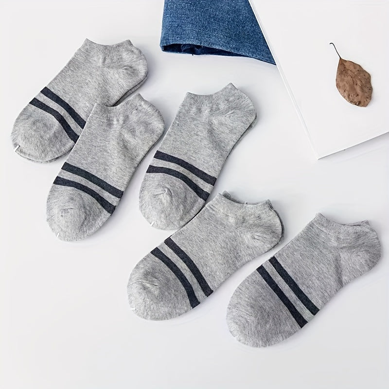 5pcs Men's Breathable Low-Cut Athletic Socks - Lightweight, Moisture-Wicking Striped Ankle Socks for Spring & Summer (White, Navy Blue, Black, Gray, Light Green)