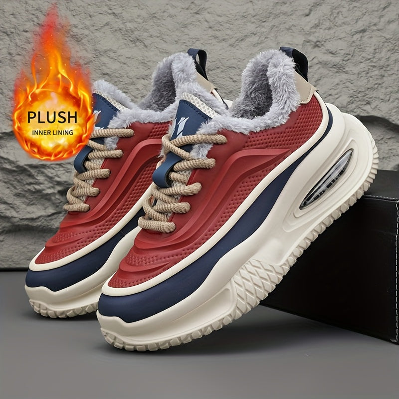 's Winter Snow Traction Shoes with -Like Collar - -Skid Low-Top, PU Upper & PVC Sole - Red/Navy/Beige/White Colorway for Ice Skating, Snow Walking, Casual Winter Wear (Warm Lace-Up Sneakers)