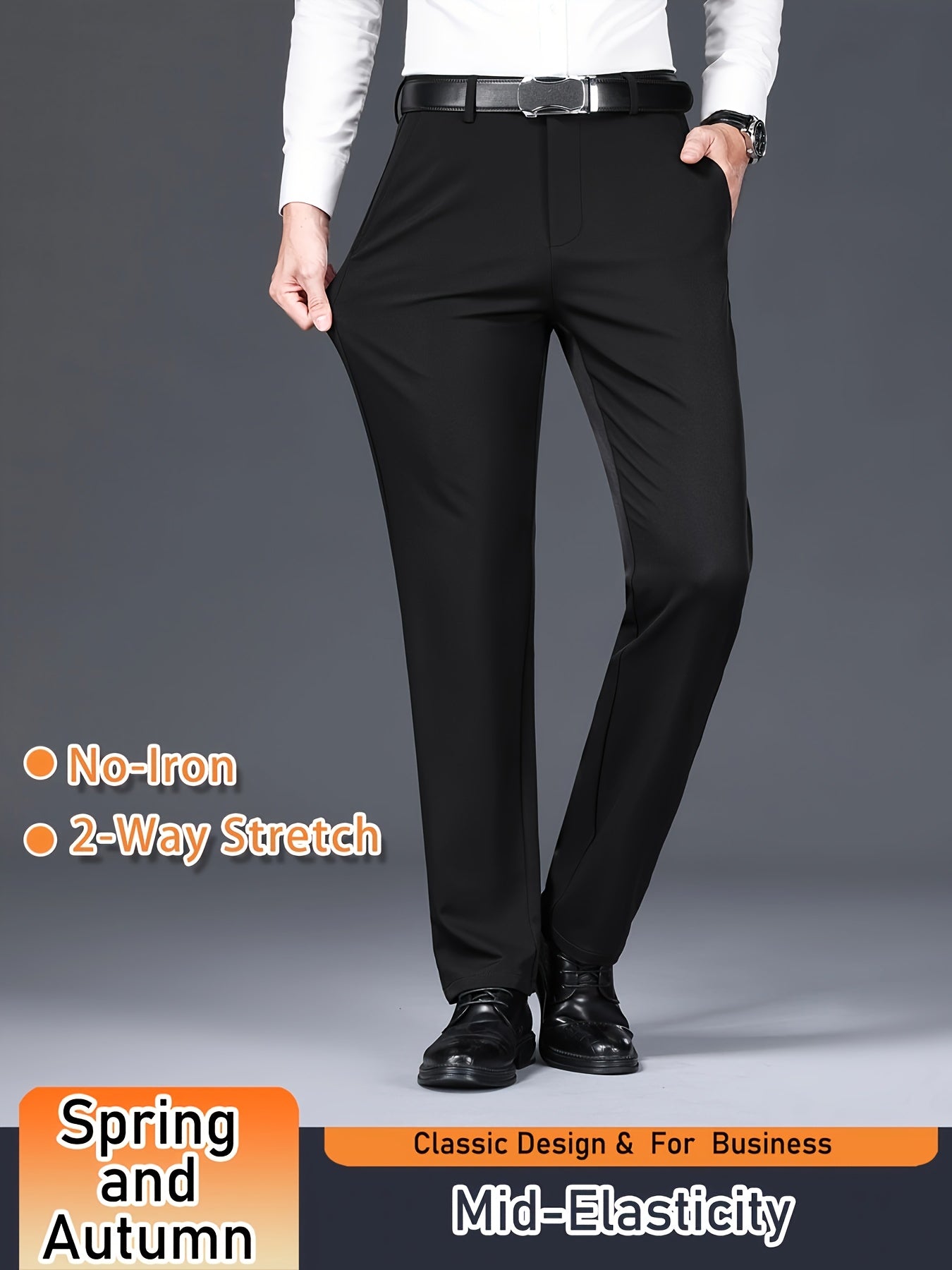 Men's Solid Color Dress Pants, Classic Design Slightly Stretch Formal Dress Pants For Business Occasions, Spring And Fall