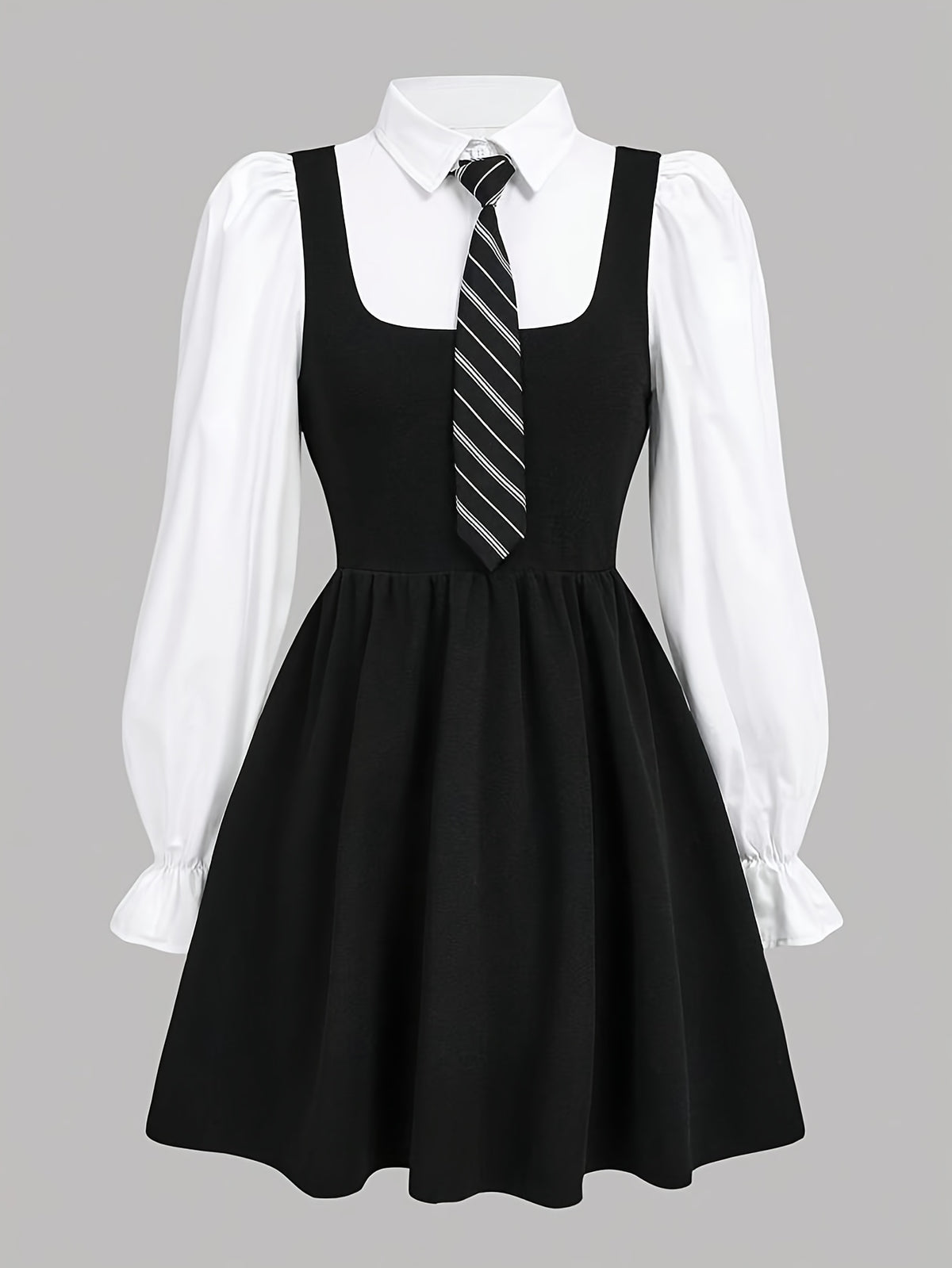 Girls' Elegant Long-Sleeve Midi Dress with Detachable Tie - ayq
