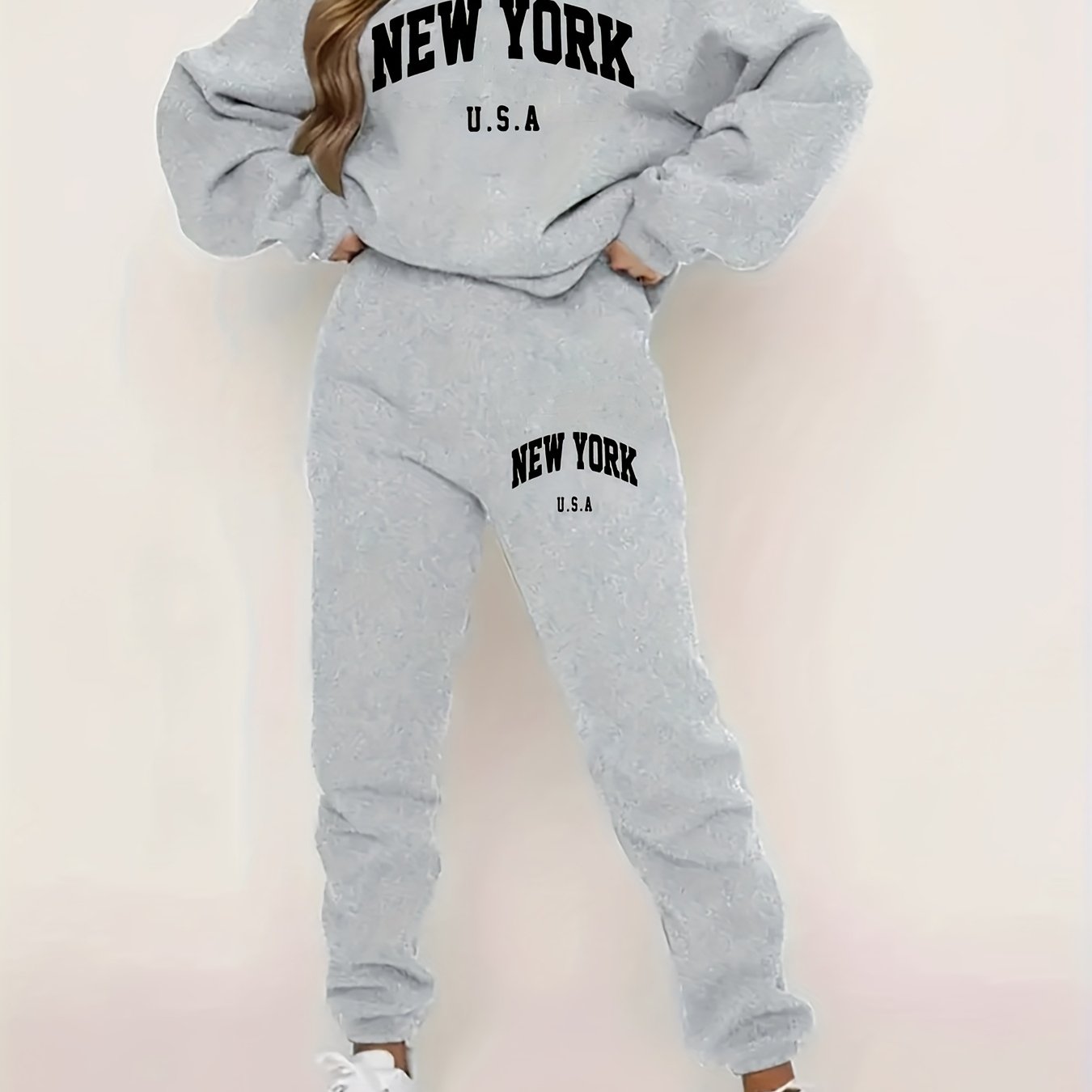 FLS1021WN10 Hoodie with Fleece, European And American Women'S Autumn And Winter Fashion, Printed Casual Sports Two-Piece Set.