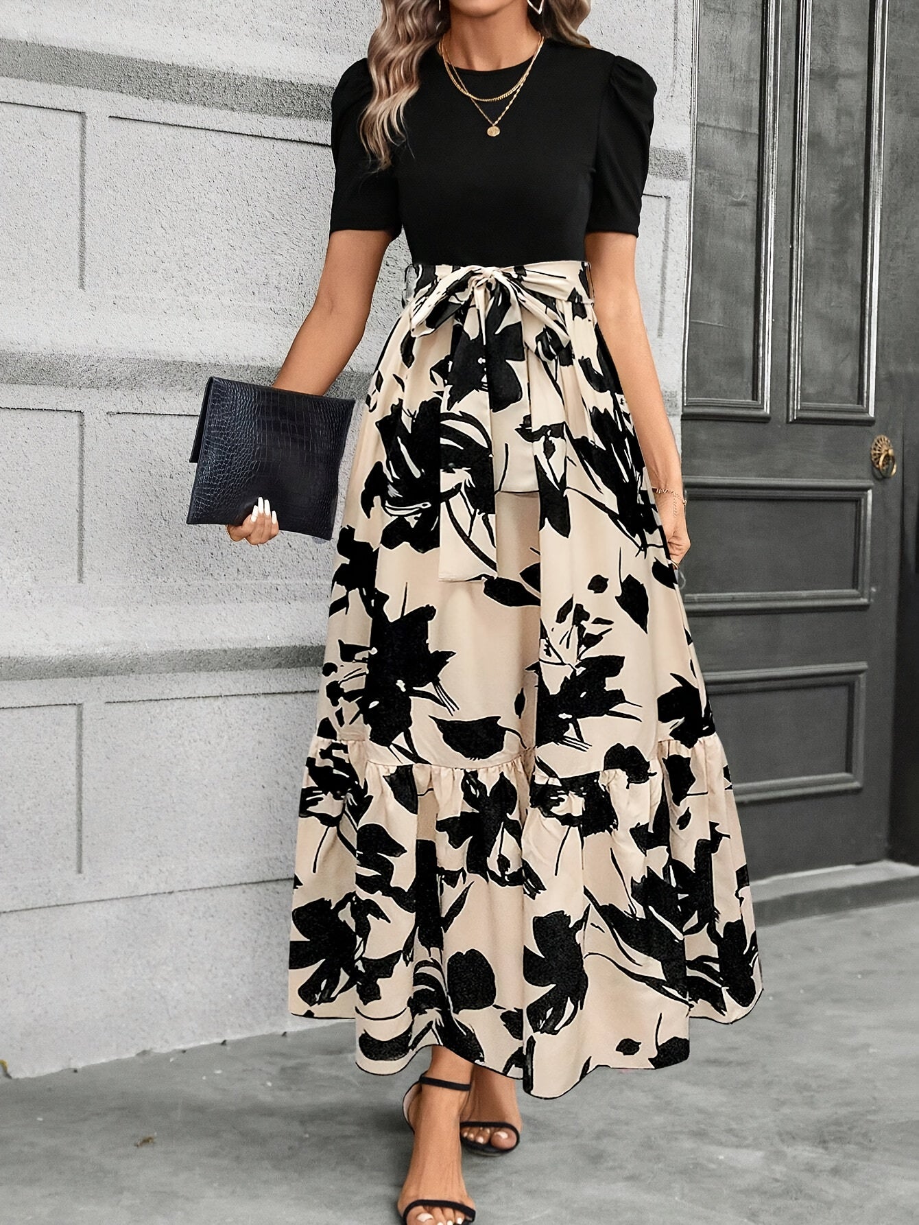 Print Midi Dress with Belt - Crew Neck, Short Sleeve, Non-Stretch Polyester - Machine Washable - Perfect for All Seasons