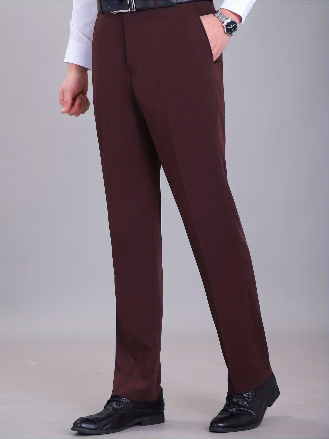 Men'S Solid Color Straight Leg Casual Business Casual Pants, Regular Length, Slight Stretch Polyester Fabric, with Pocket, for Spring/Fall