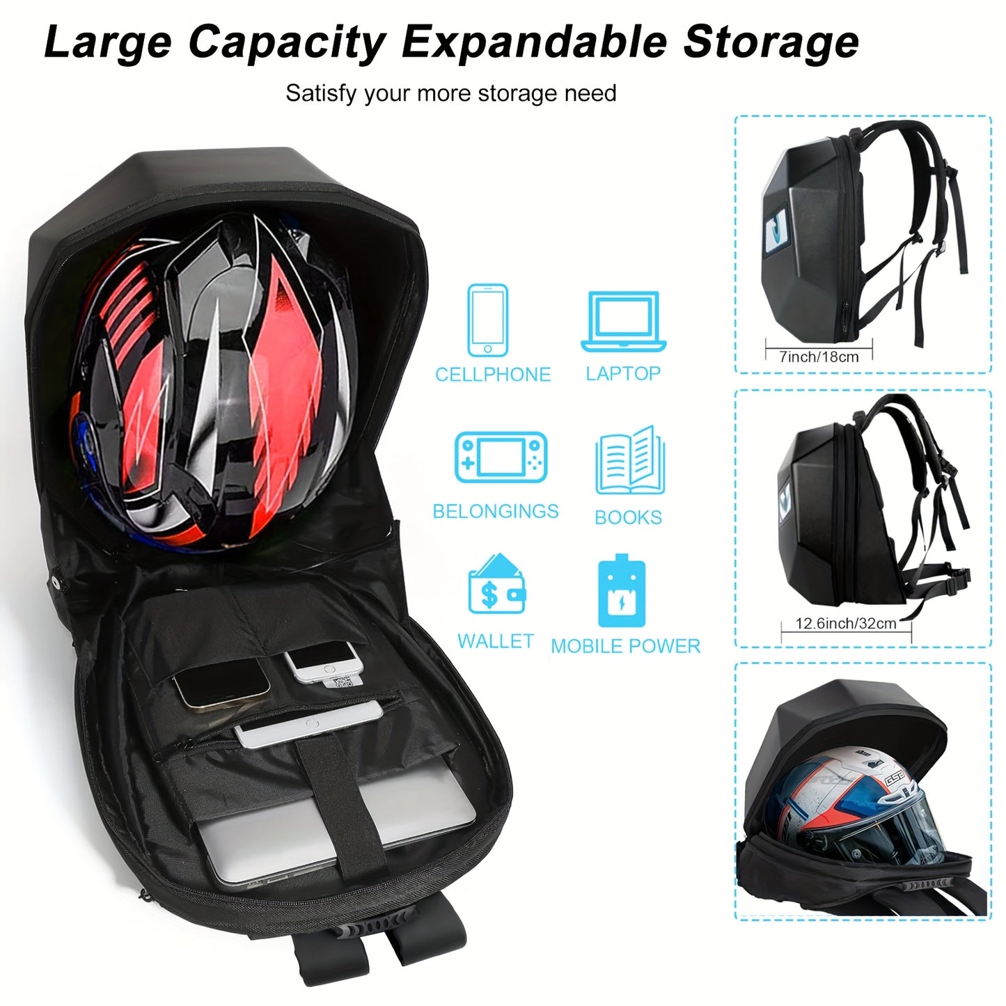 Crelander LED Men'S Motorcycle Backpack - Sleek Black Red Hard Shell Travel Bag with USB Charging, 48.01cm x 35.56cm Capacity, Ergonomic Design for Camping, Cycling Outdoor Adventures, Motorcycle Bag, Adventure Gear, Stre
