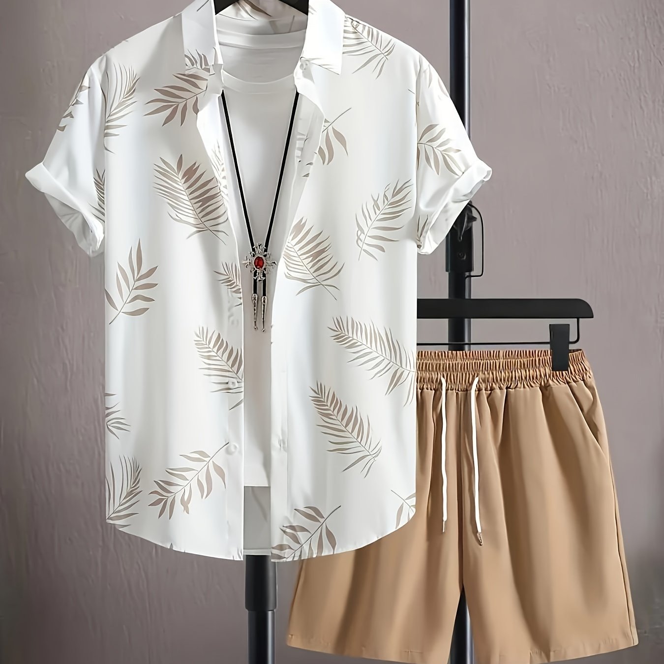 Men'S Casual Two-Piece Summer Outfit - Leaf Print Button-Up Shirt with Drawstring Shorts, Light Brown and White, Polyester, Relaxed Fit, Perfect for Beach or Casual Attire, Beach Attire|Tropical Print|Polyester Fabric