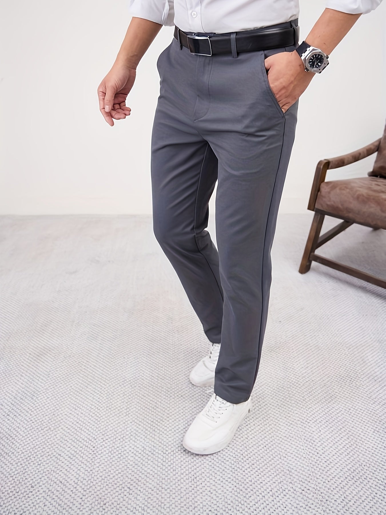 Men'S Casual Solid Color Regular Length Slight Stretch Woven Fabric Pants for Adult