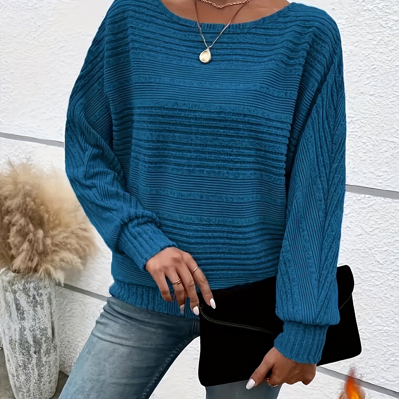 1 հատ Women'S Casual Crew Neck Knit T-shirt - պոլիեսթեր պինդ գույնի երկարաթև վերնաշապիկ գարնան/աշունի համար