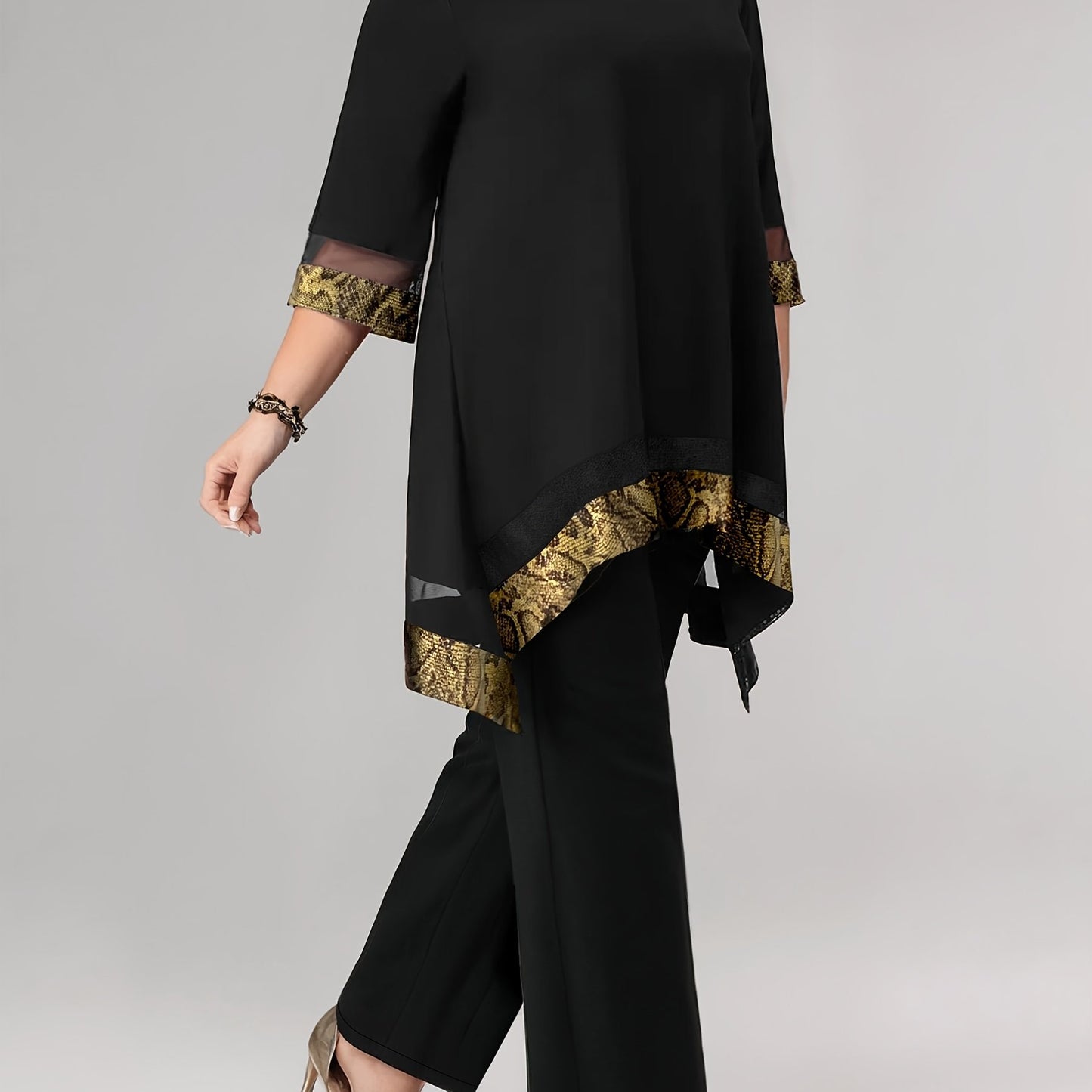 Women'S Fashion Solid Color Mesh Splicing Top Plus Trousers, Two-Piece Suit for Daily Elegance