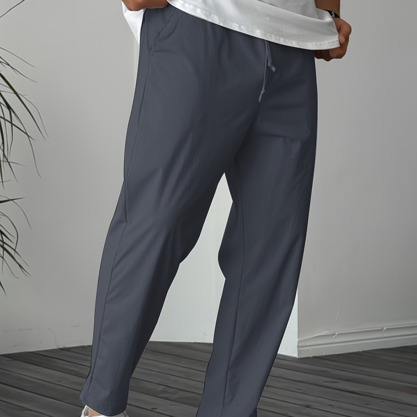 Men's Solid Pants With Pockets, Casual Drawstring Trousers For Outdoor Activities Gift