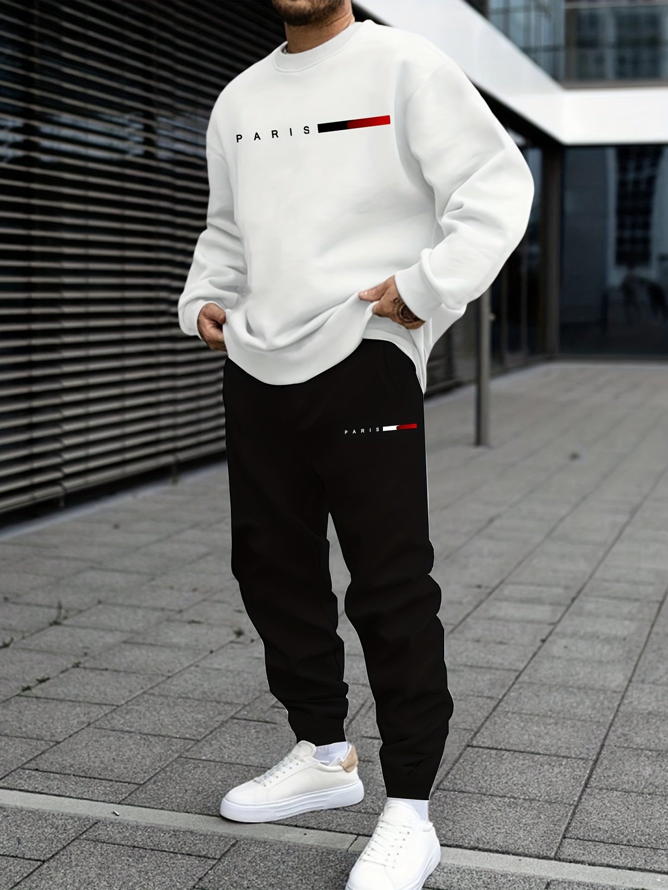 Men's Casual Sports Sweatshirt Set, Loose Fit Pullover Hoodie with Print, Polyester Blend, Round Neck, Stretch Knit, Autumn/Winter Collection