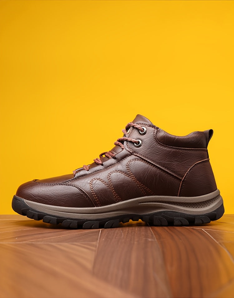 Men'S Stylish Black Leather High-Top Boots - Casual, Fashionable, Business-Ready with Lace-Up Closure, Rubber Sole, and Round Toe Design for Winter Sports and Daily Wear, Winter Boots|Stylish High Boots|Laceup Boots