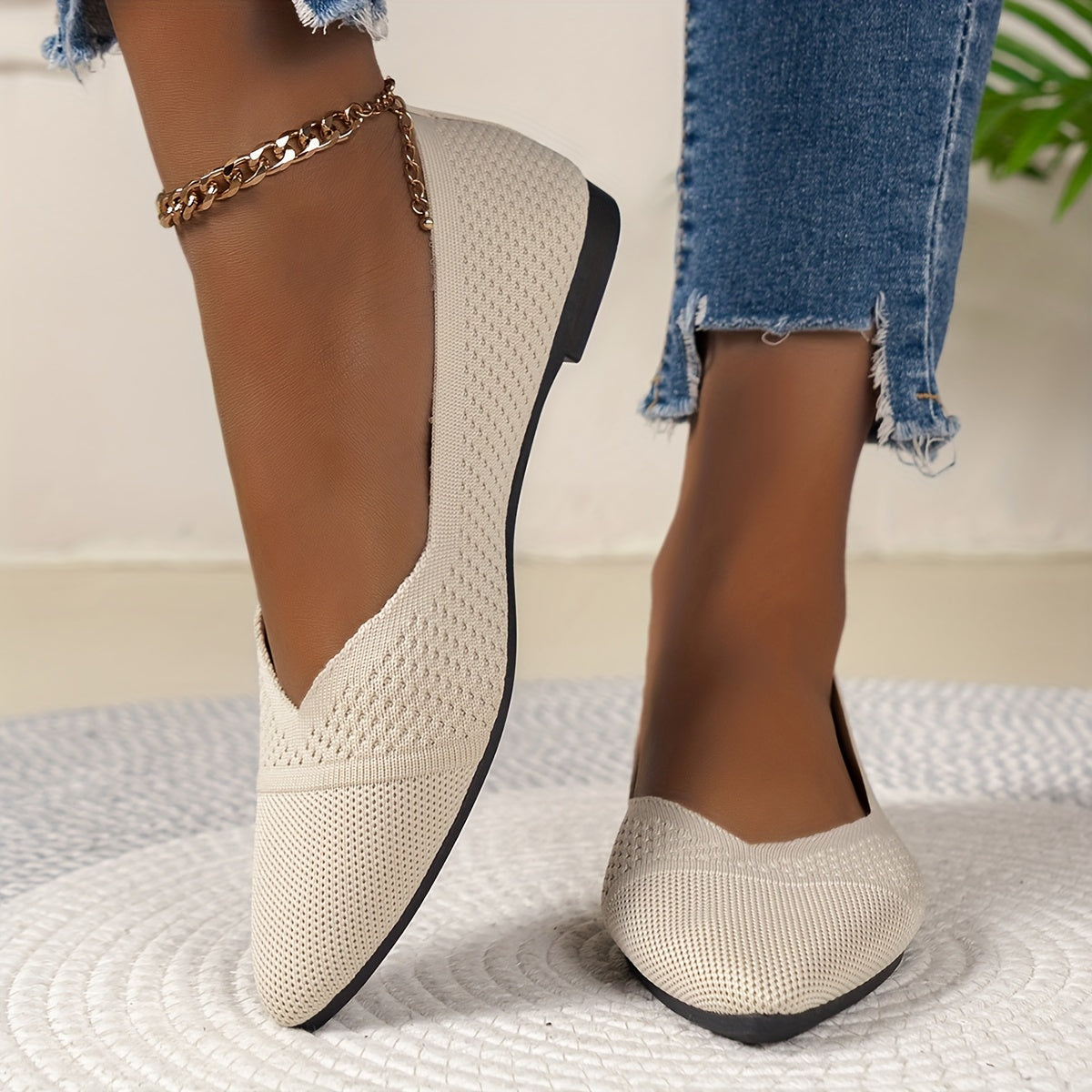Women's Fashion Flat Shoes, Casual Pointed Toe Knit Flats, Breathable & Comfort Slip-On Ballet Shoes For Daily Wear