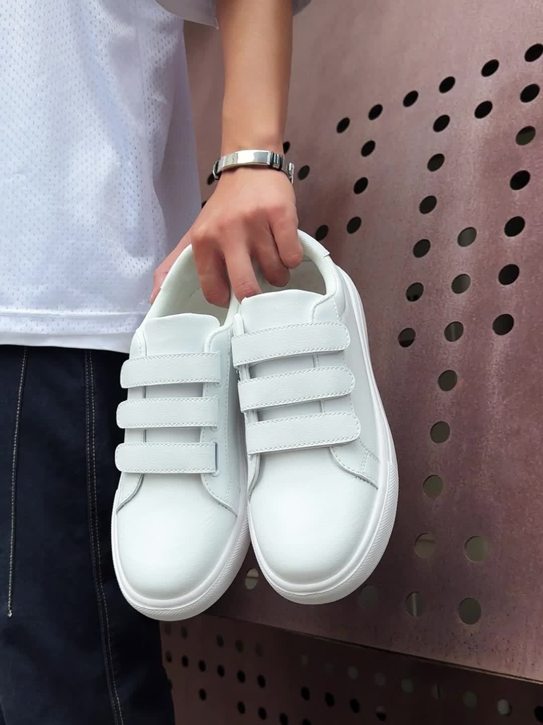 Men's Trendy White Skate Shoes with Hook-and-loop Fastener Closure, Lightweight & Comfortable Casual Sneakers for Casual Attire, Flat Sole, PU Upper, EVA Sole, Fabric Lining, Perfect for Running, Walking, and Street Style