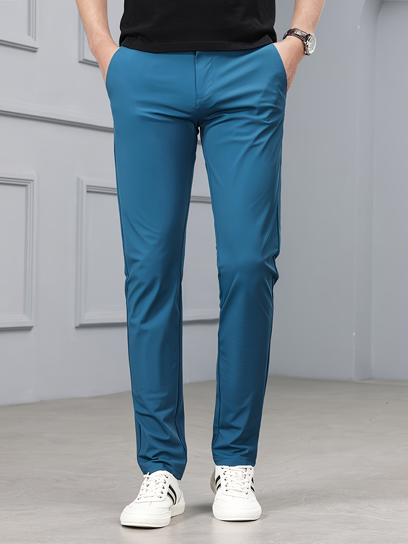 Men's Slim-Fit Stretch Casual Pants with Multiple Pockets - Waterproof, UV Protection, Light Gray, Straight Leg, Nylon Blend for Spring/Fall, Button Closure, Comfortable & Stylish Design, Everyday Comfort Pants | Modern Casua