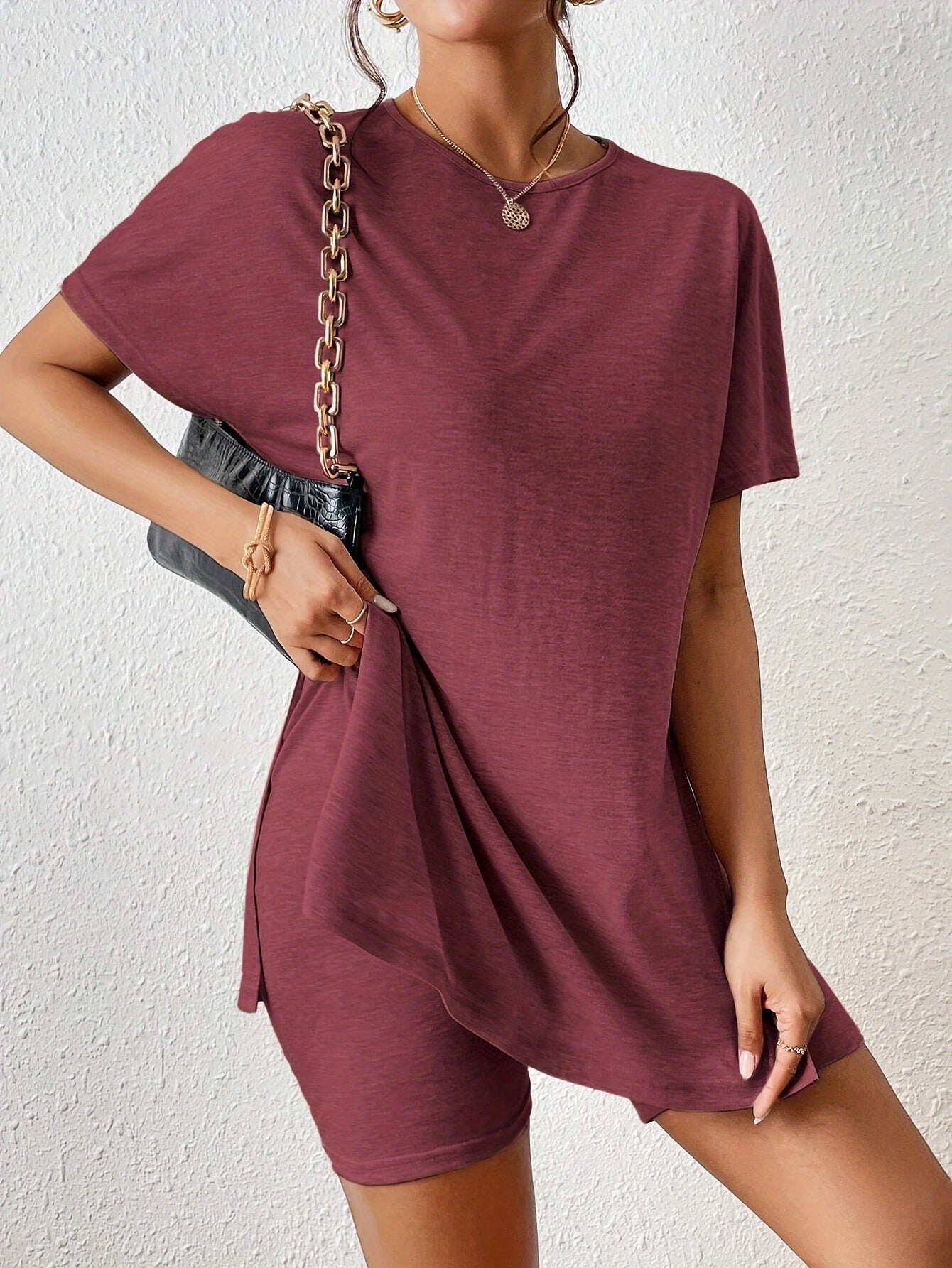 Casual Solid Color Comfortable Two-Piece Set, Bat Sleeve Round Neck Slit T-Shirt and Tight Shorts, Women's Clothing
