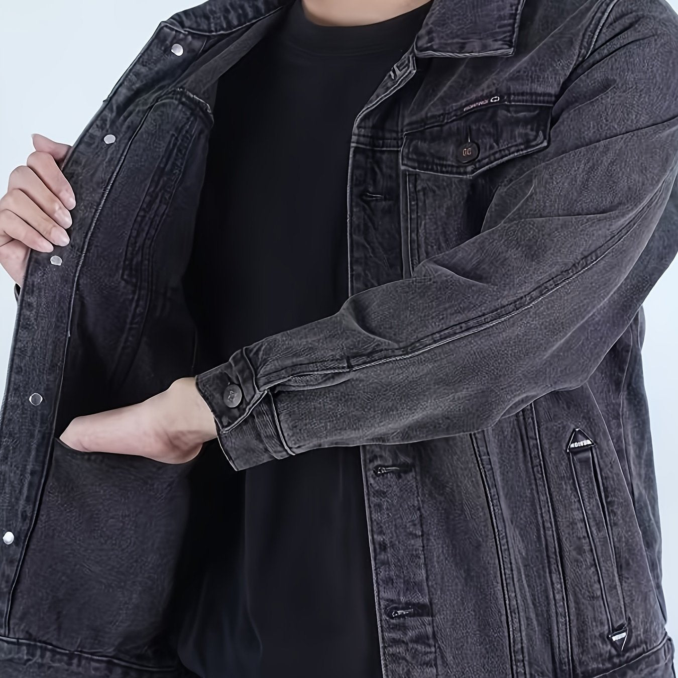 Men's Spring/Autumn Denim Jacket - Casual Chic Style, Black Blend with Red Accents, Button-Up with Flap Pockets, Long Sleeves, Ideal for Hiking & Casual Attire, Outdoor Apparel|Classic Denim Style|Durable Fabric