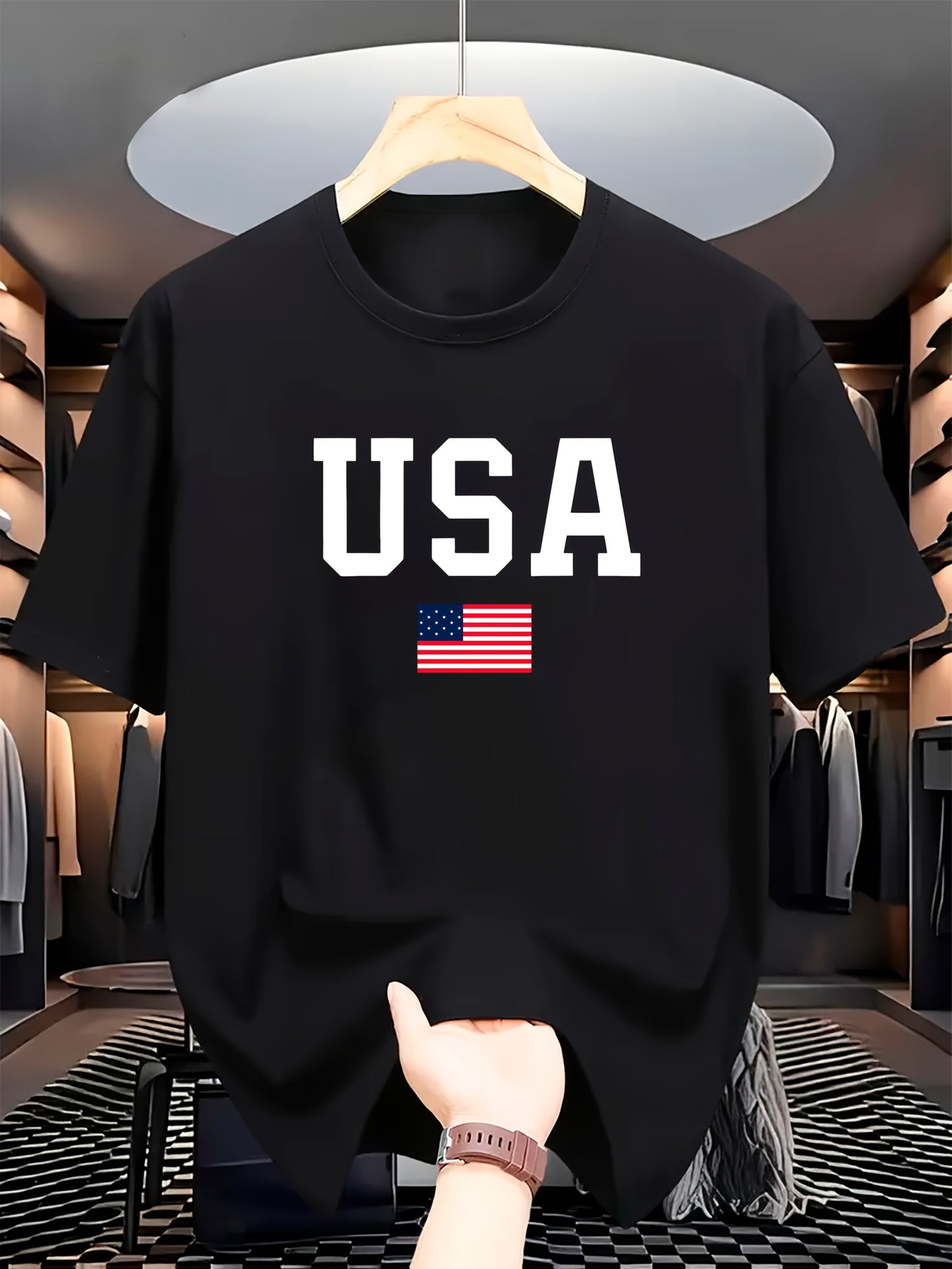 USA Flag Print Crew պարանոցի վերնաշապիկ, սովորական պոլիեսթեր տրիկոտաժե թիկնոց, թեթև ձգվող, այբուբենի ձևանմուշ, տրիկոտաժե դետալ, տղամարդկանց համար, ամառային կարճաթև շապիկ